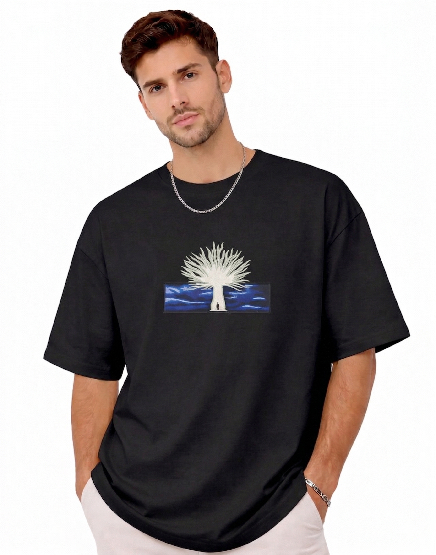"Anetoonz premium black oversized streetwear T-shirt for men with half sleeves and custom anime-themed tree embroidery."