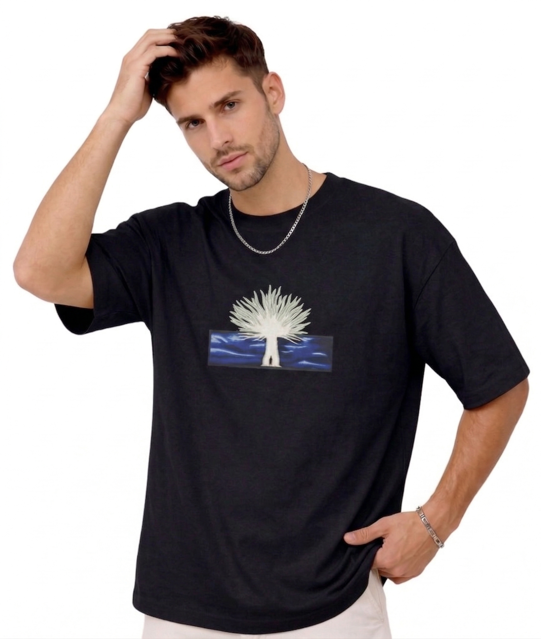 "Anetoonz premium black oversized streetwear T-shirt for men with half sleeves and custom anime-themed tree embroidery."