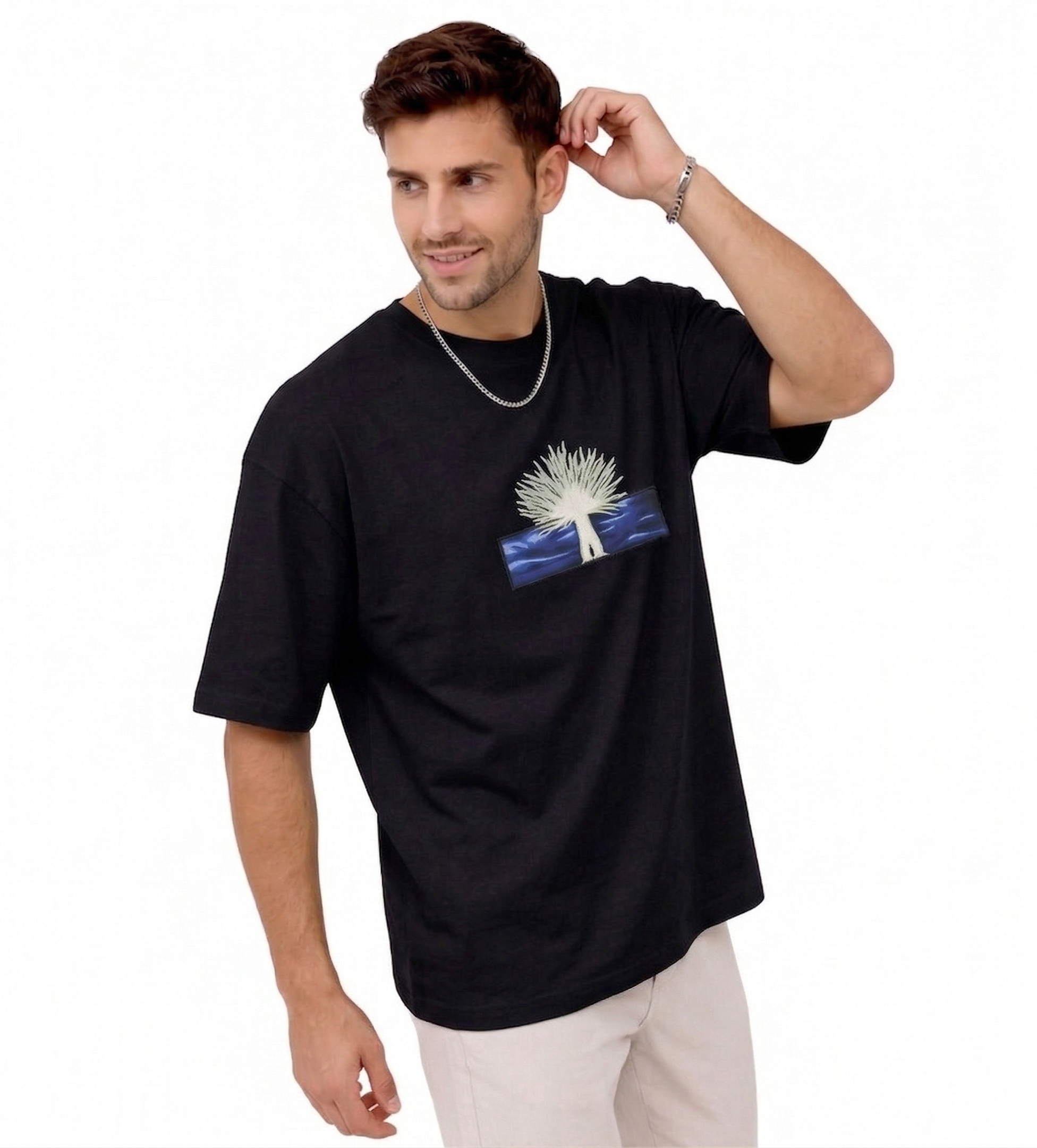 "Anetoonz premium black oversized streetwear T-shirt for men with half sleeves and custom anime-themed tree embroidery."