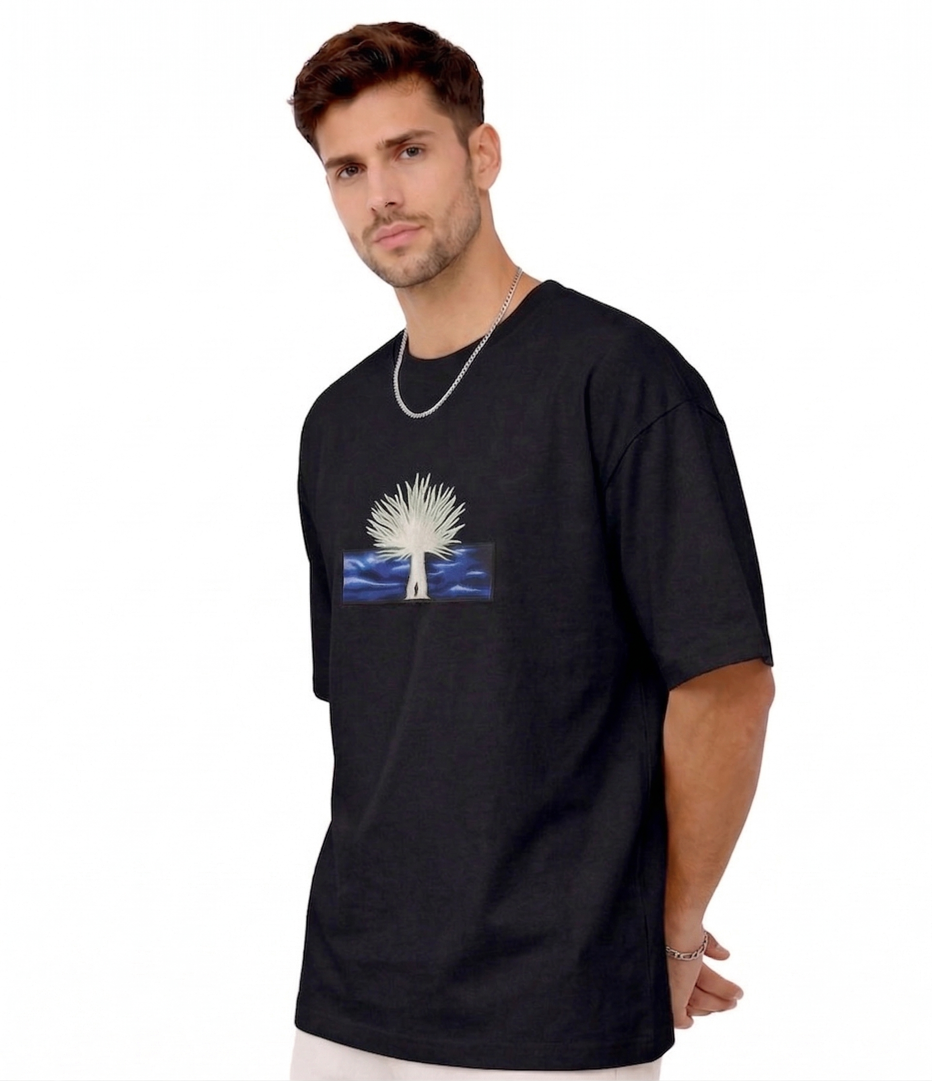
"Anetoonz premium black oversized streetwear T-shirt for men with half sleeves and custom anime-themed tree embroidery."