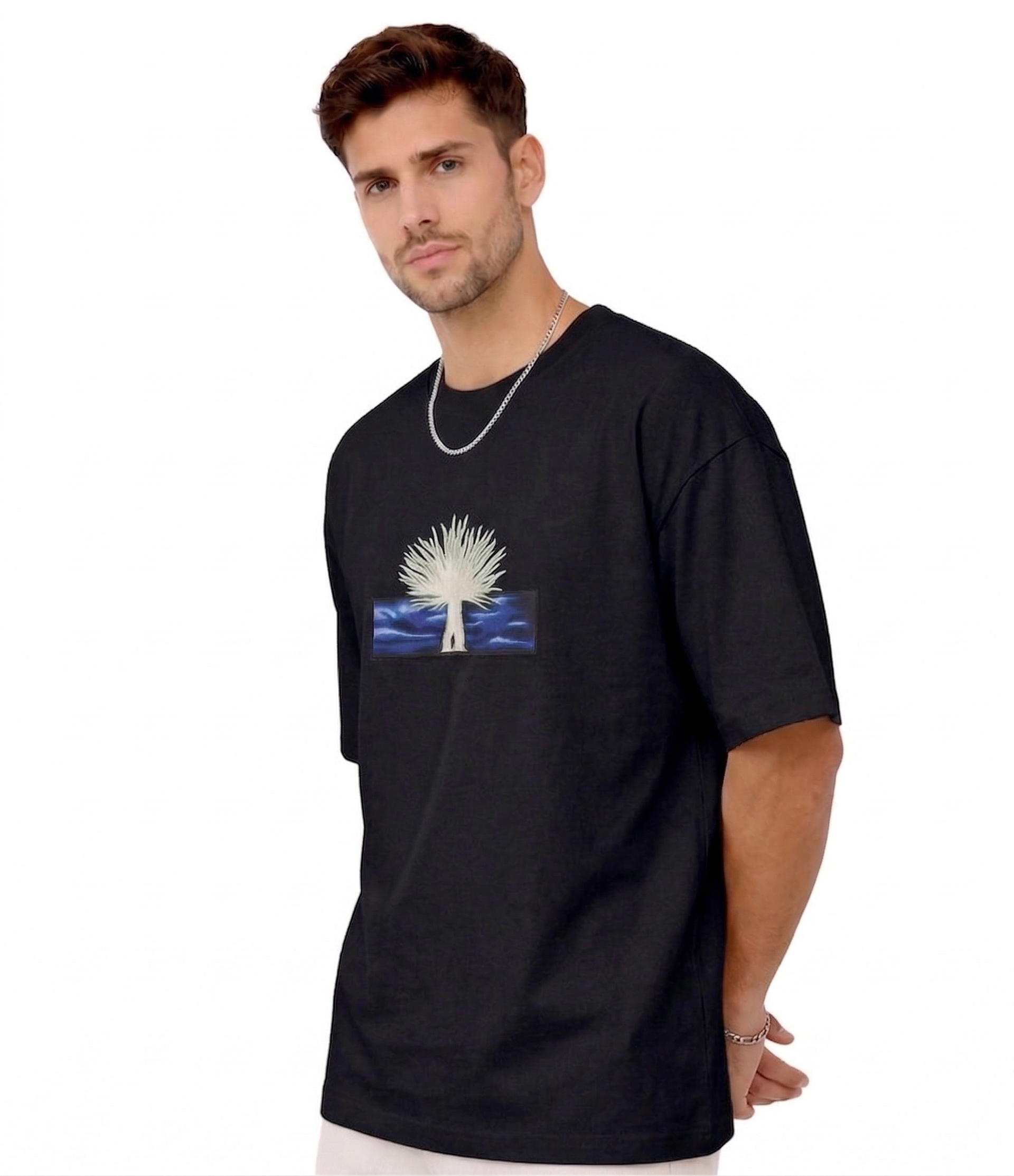 
"Anetoonz premium black oversized streetwear T-shirt for men with half sleeves and custom anime-themed tree embroidery."