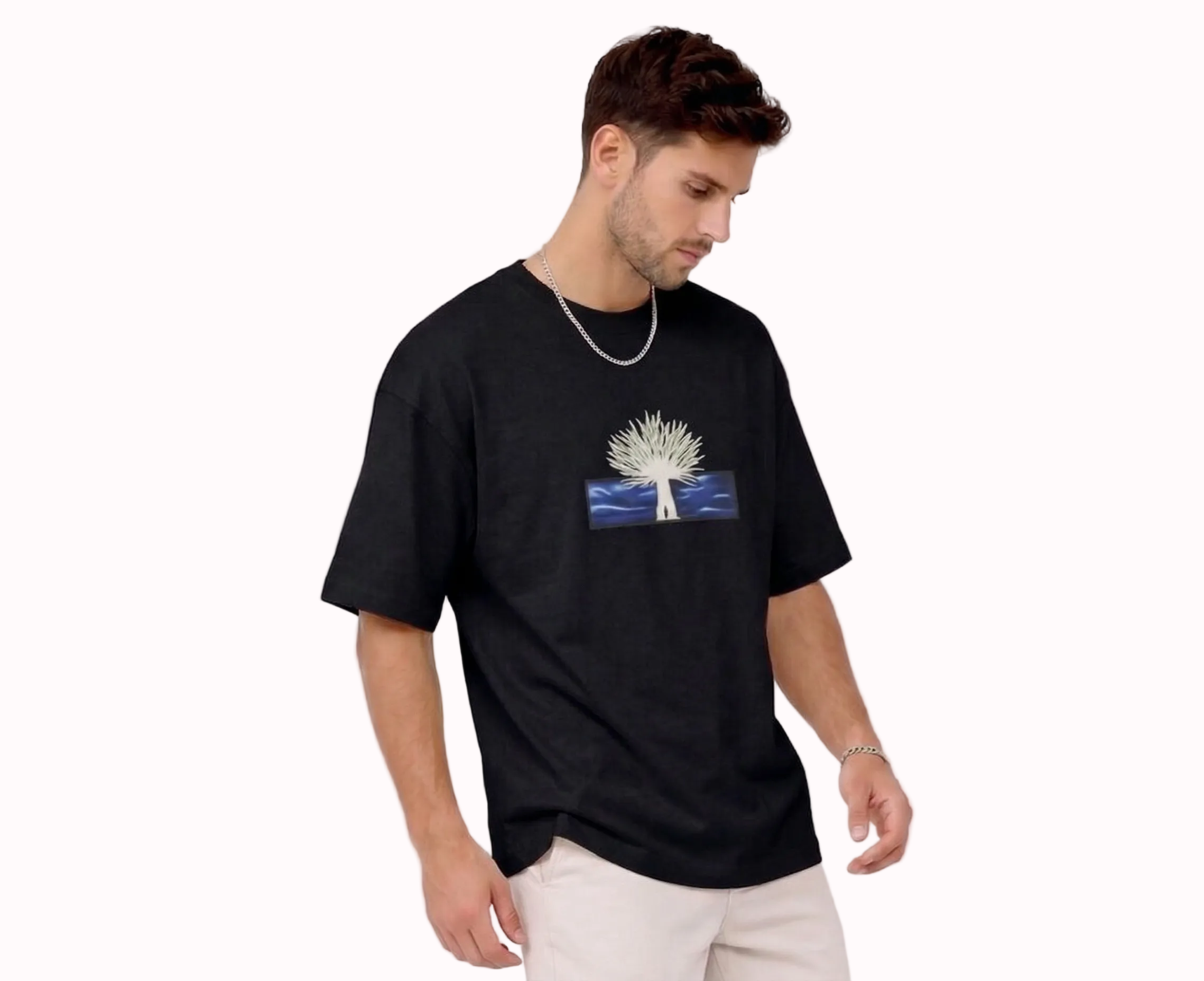 "Anetoonz premium black oversized streetwear T-shirt for men with half sleeves and custom anime-themed tree embroidery."