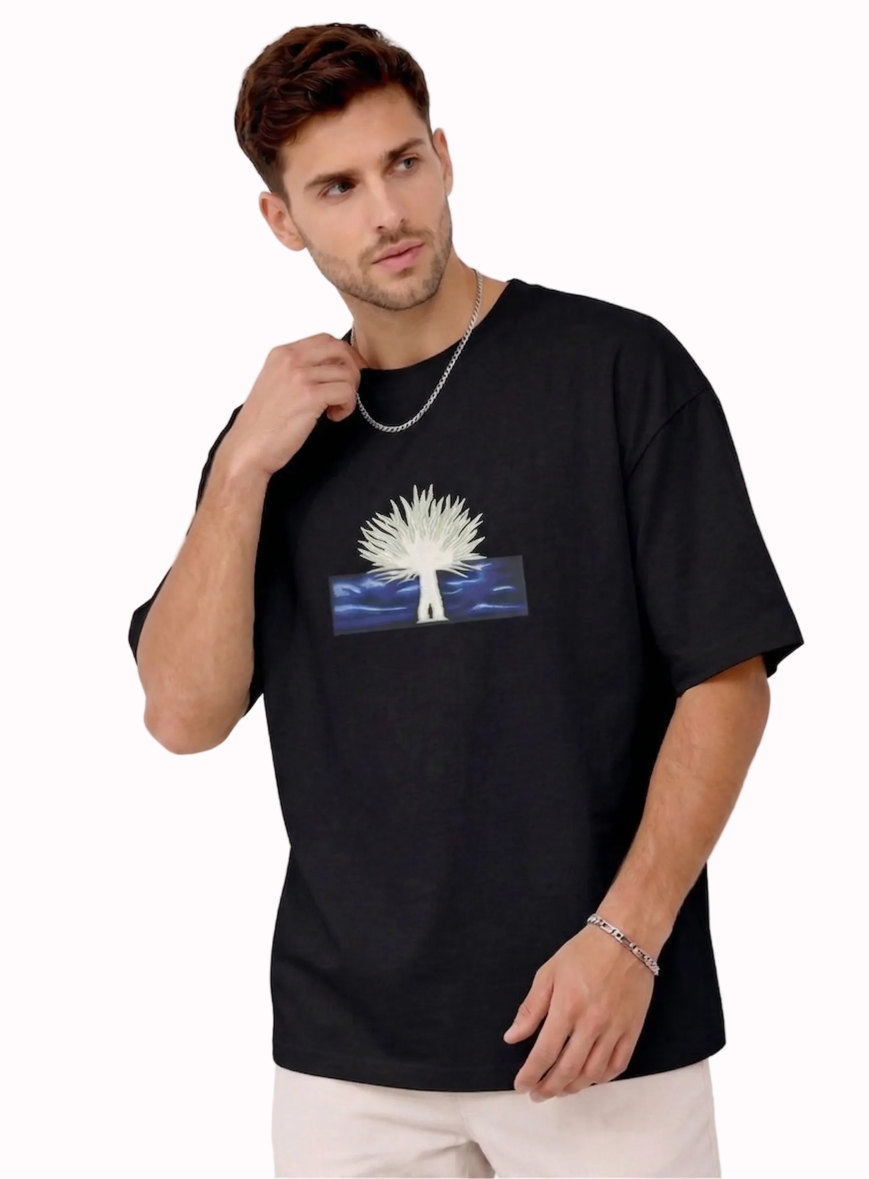 "Anetoonz premium black oversized streetwear T-shirt for men with half sleeves and custom anime-themed tree embroidery."