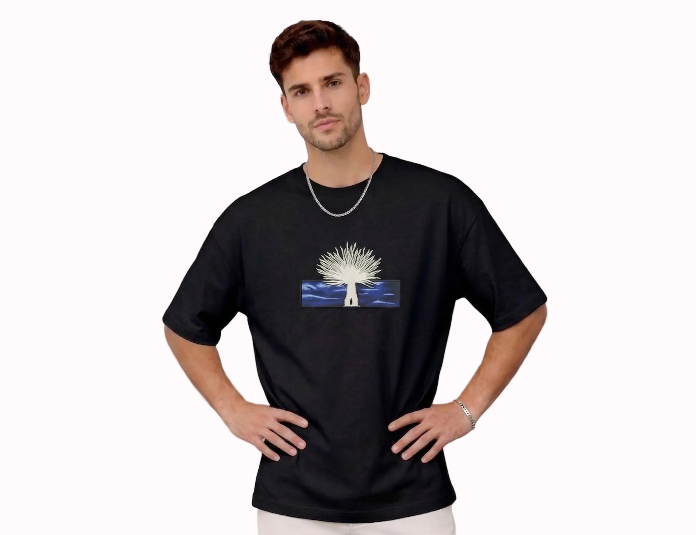 
"Anetoonz premium black oversized streetwear T-shirt for men with half sleeves and custom anime-themed tree embroidery."