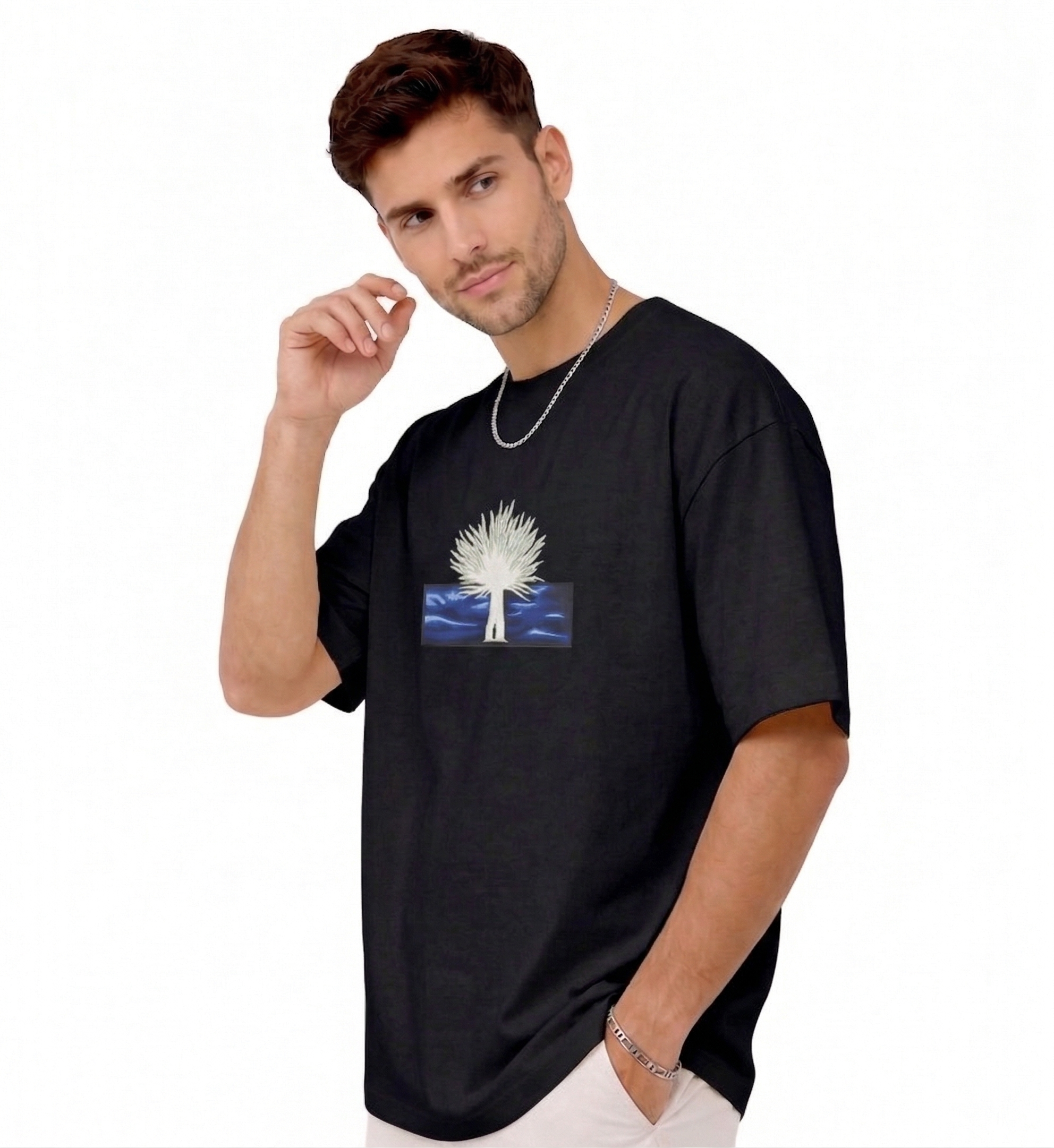 
"Anetoonz premium black oversized streetwear T-shirt for men with half sleeves and custom anime-themed tree embroidery."