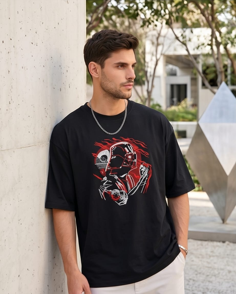"Black oversized half-sleeve T-shirt with detailed Darth Vader embroidery by Anetoonz."