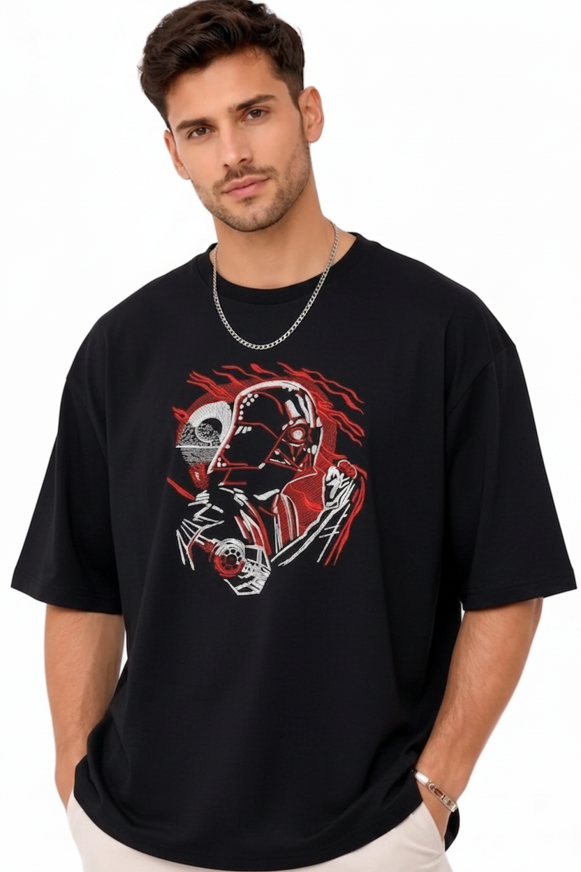 "Black oversized half-sleeve T-shirt with detailed Darth Vader embroidery by Anetoonz."