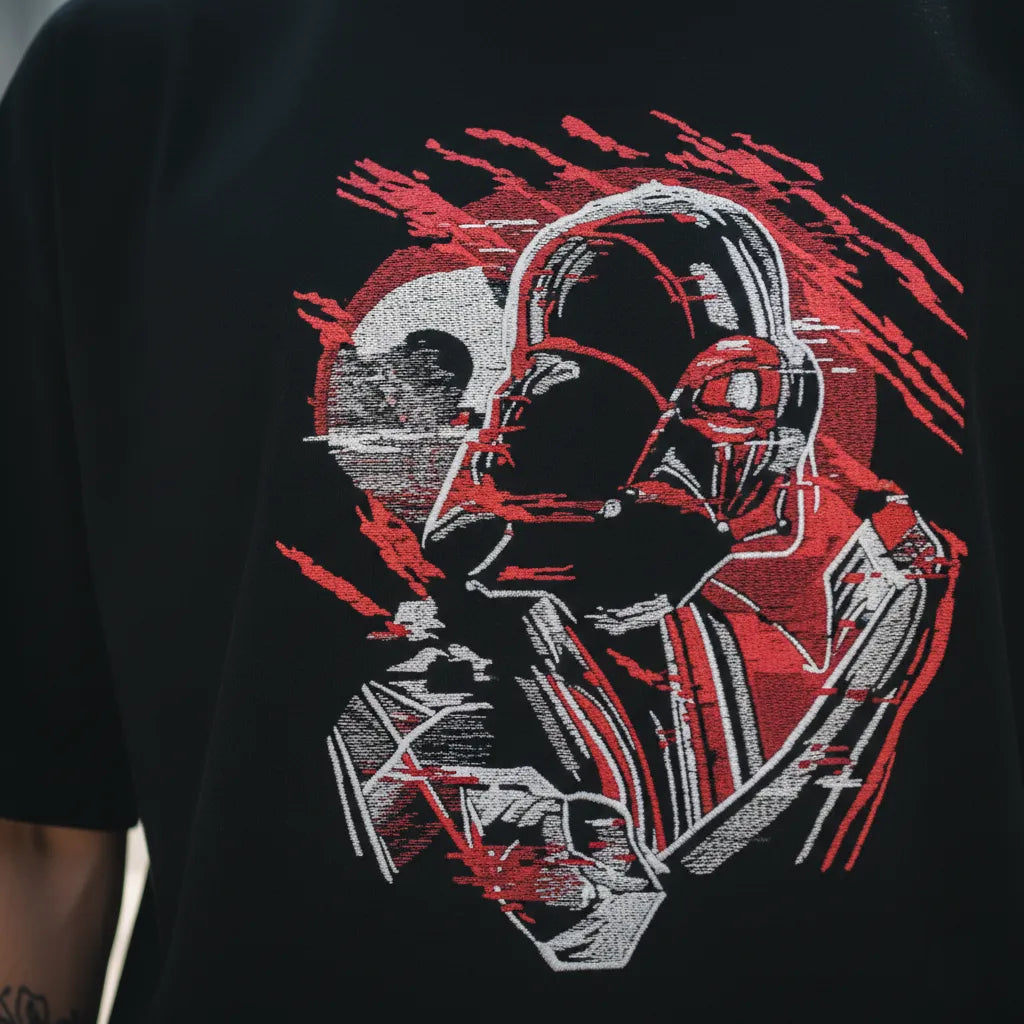 "Black oversized half-sleeve T-shirt with detailed Darth Vader embroidery by Anetoonz."