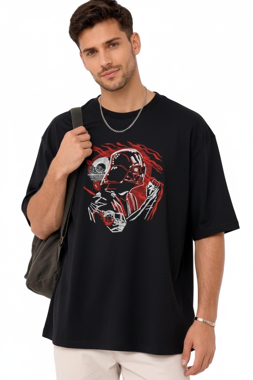 "Black oversized half-sleeve T-shirt with detailed Darth Vader embroidery by Anetoonz."