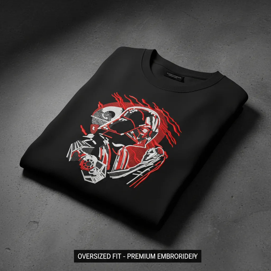 "Black oversized half-sleeve T-shirt with detailed Darth Vader embroidery by Anetoonz."