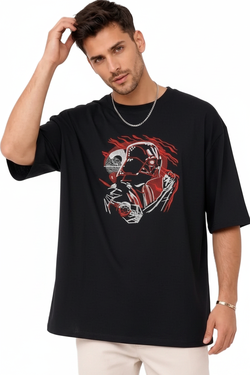 "Black oversized half-sleeve T-shirt with detailed Darth Vader embroidery by Anetoonz."