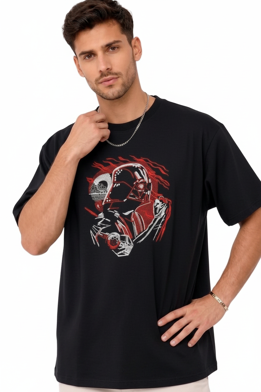 "Black oversized half-sleeve T-shirt with detailed Darth Vader embroidery by Anetoonz."