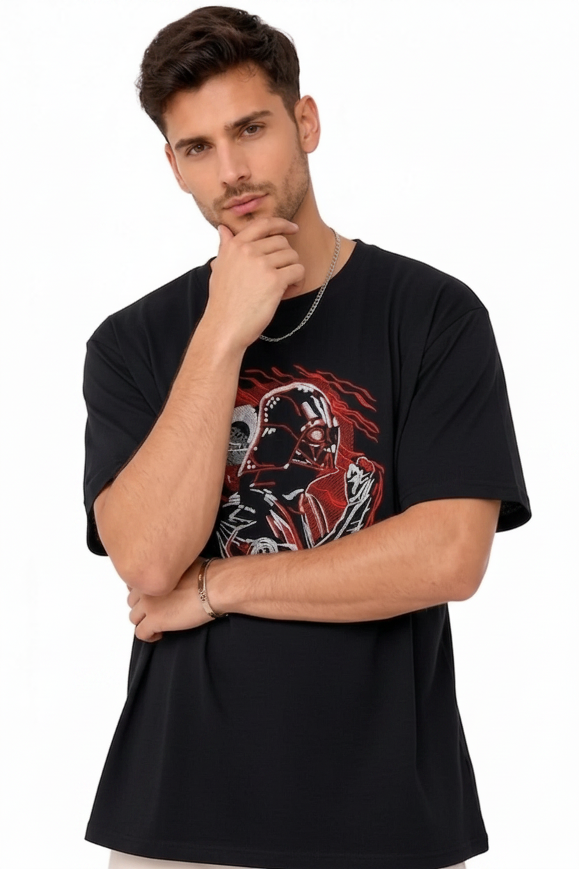 "Black oversized half-sleeve T-shirt with detailed Darth Vader embroidery by Anetoonz."