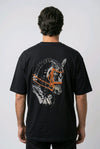 "Anetoonz premium black oversized streetwear T-shirt for men with half sleeves and custom equestrian-themed embroidery on the back."