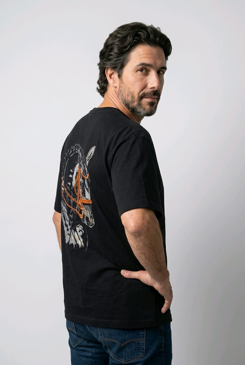 
"Anetoonz premium black oversized streetwear T-shirt for men with half sleeves and custom equestrian-themed embroidery on the back."