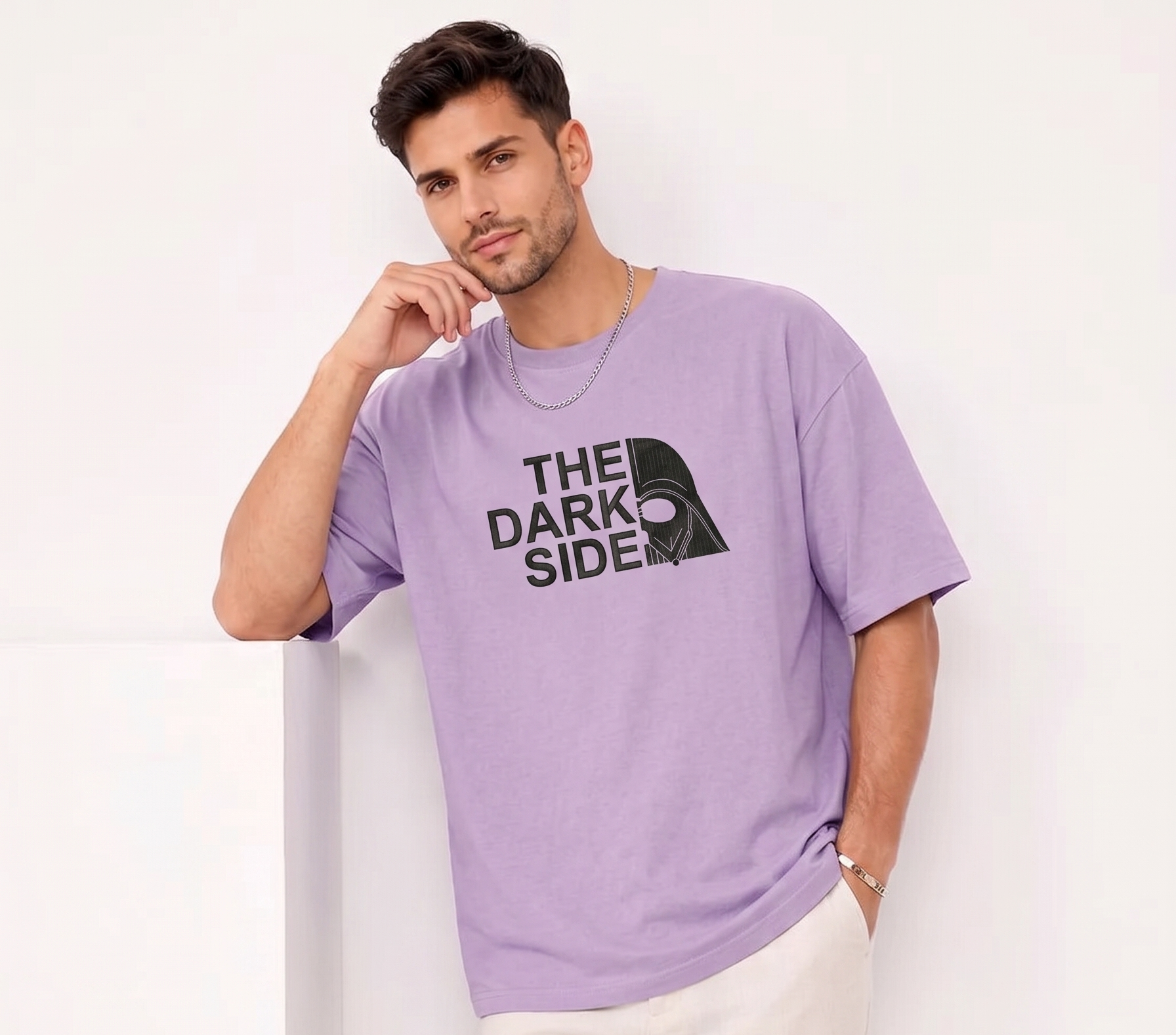 "Anetoonz light purple oversized streetwear T-shirt for men with custom black embroidery and half sleeves."