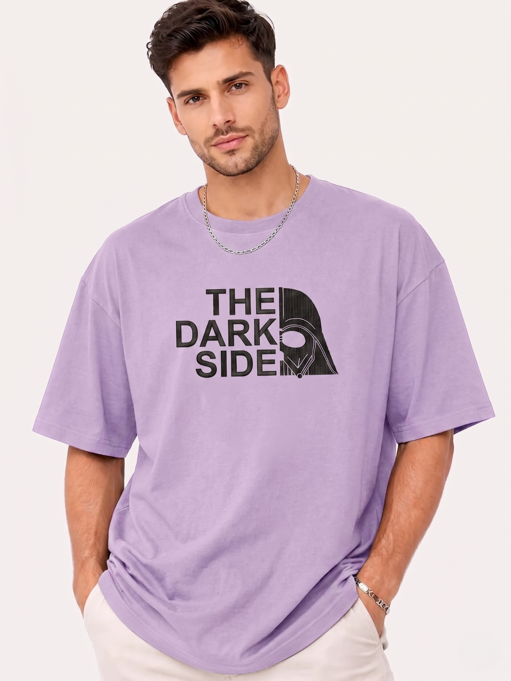 "Anetoonz light purple oversized streetwear T-shirt for men with custom black embroidery and half sleeves."