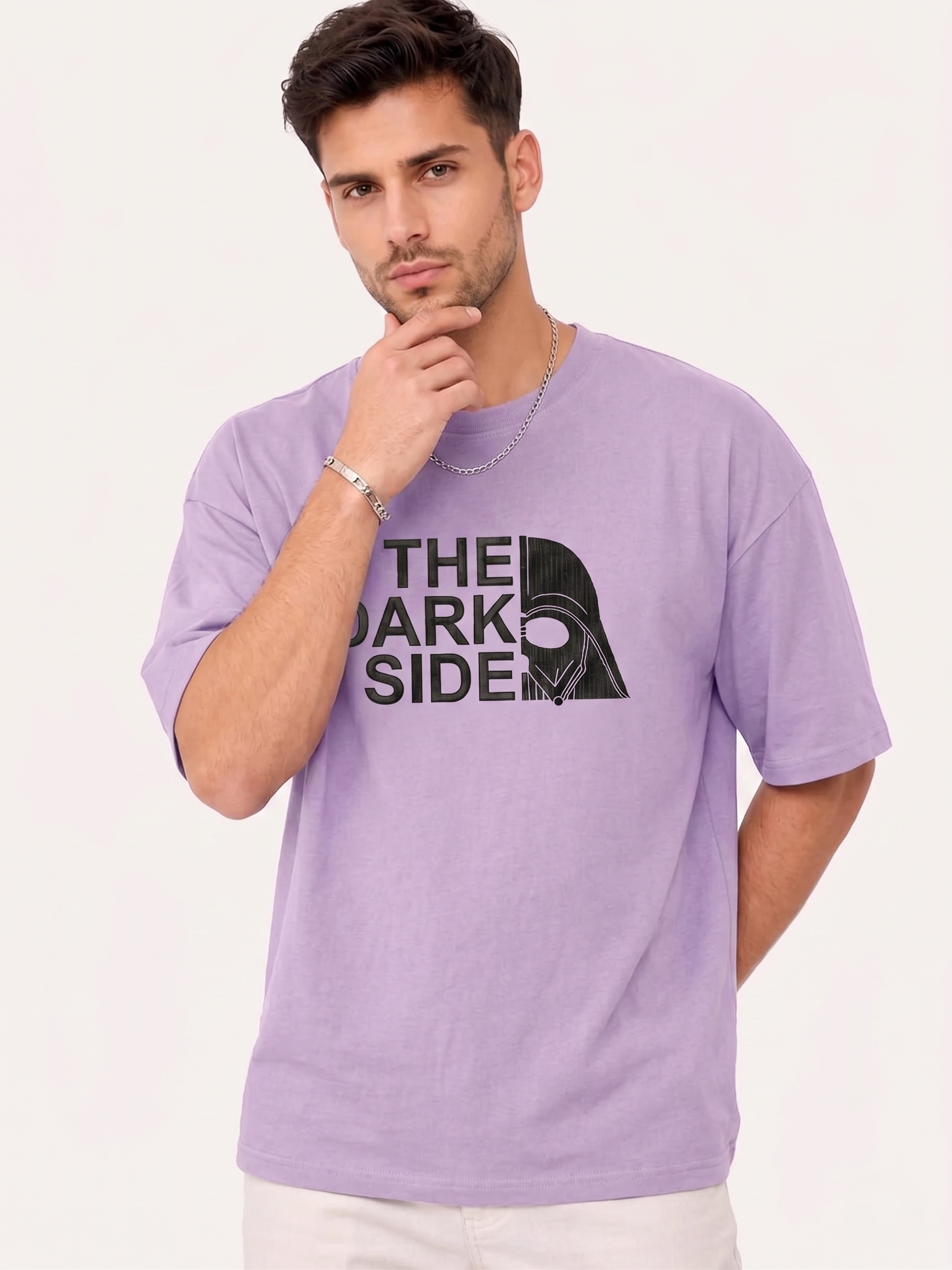 "Anetoonz light purple oversized streetwear T-shirt for men with custom black embroidery and half sleeves."