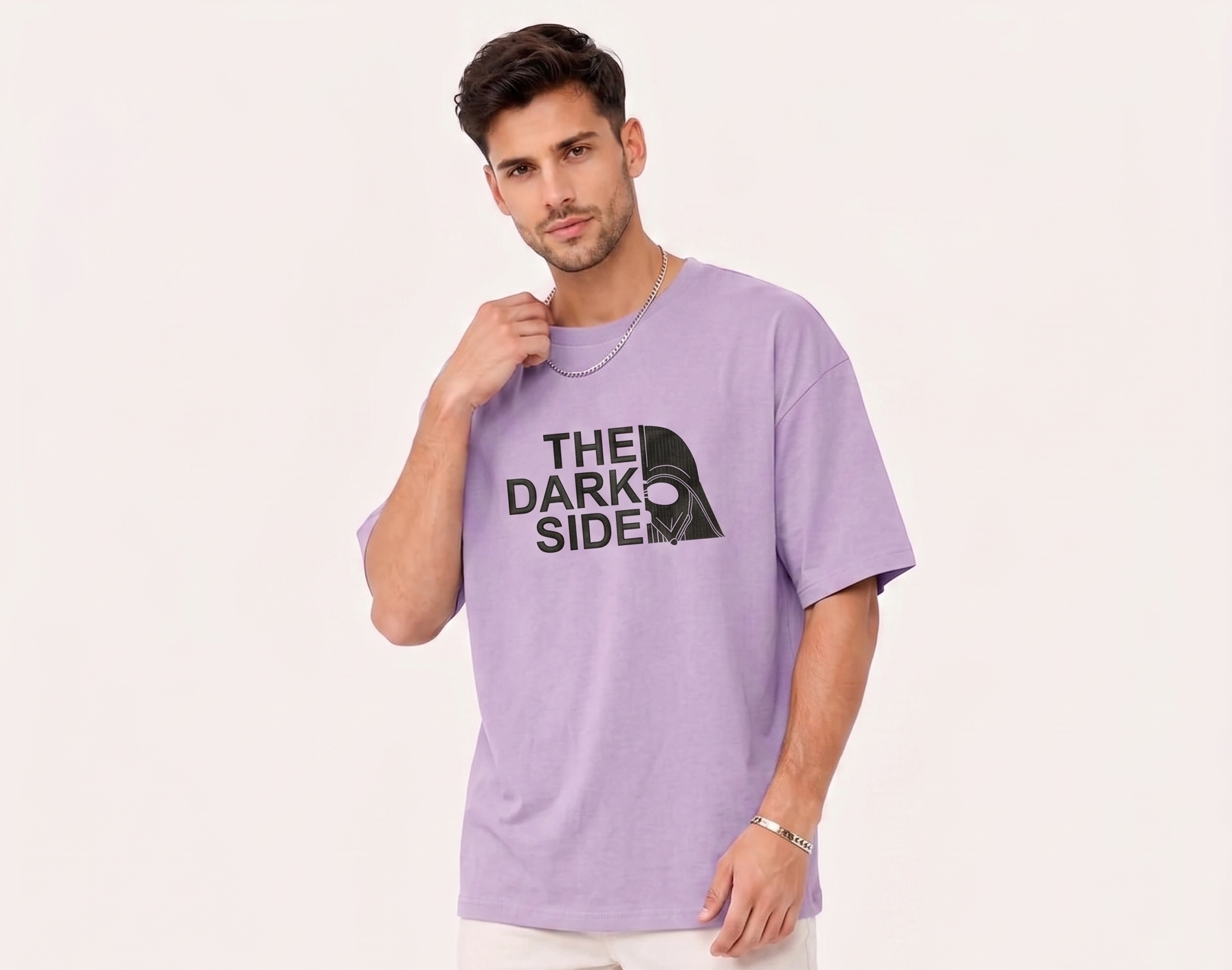 "Anetoonz light purple oversized streetwear T-shirt for men with custom black embroidery and half sleeves."