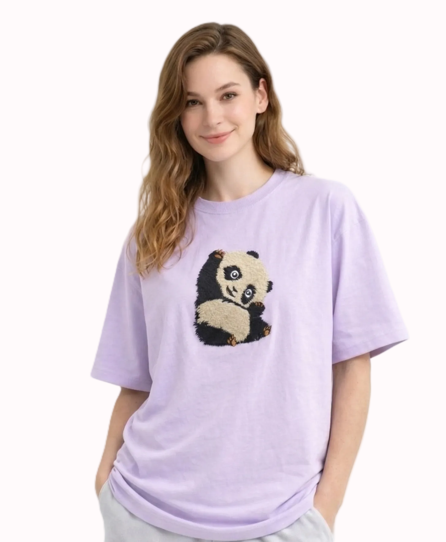 "Anetoonz light purple oversized streetwear T-shirt for women featuring custom panda embroidery and half sleeves."