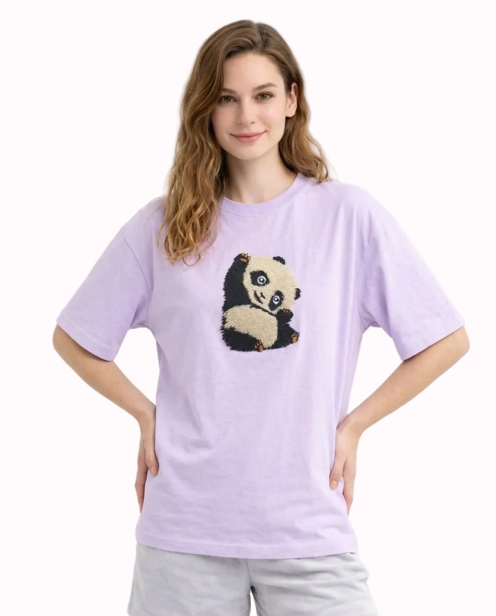 "Anetoonz light purple oversized streetwear T-shirt for women featuring custom panda embroidery and half sleeves."