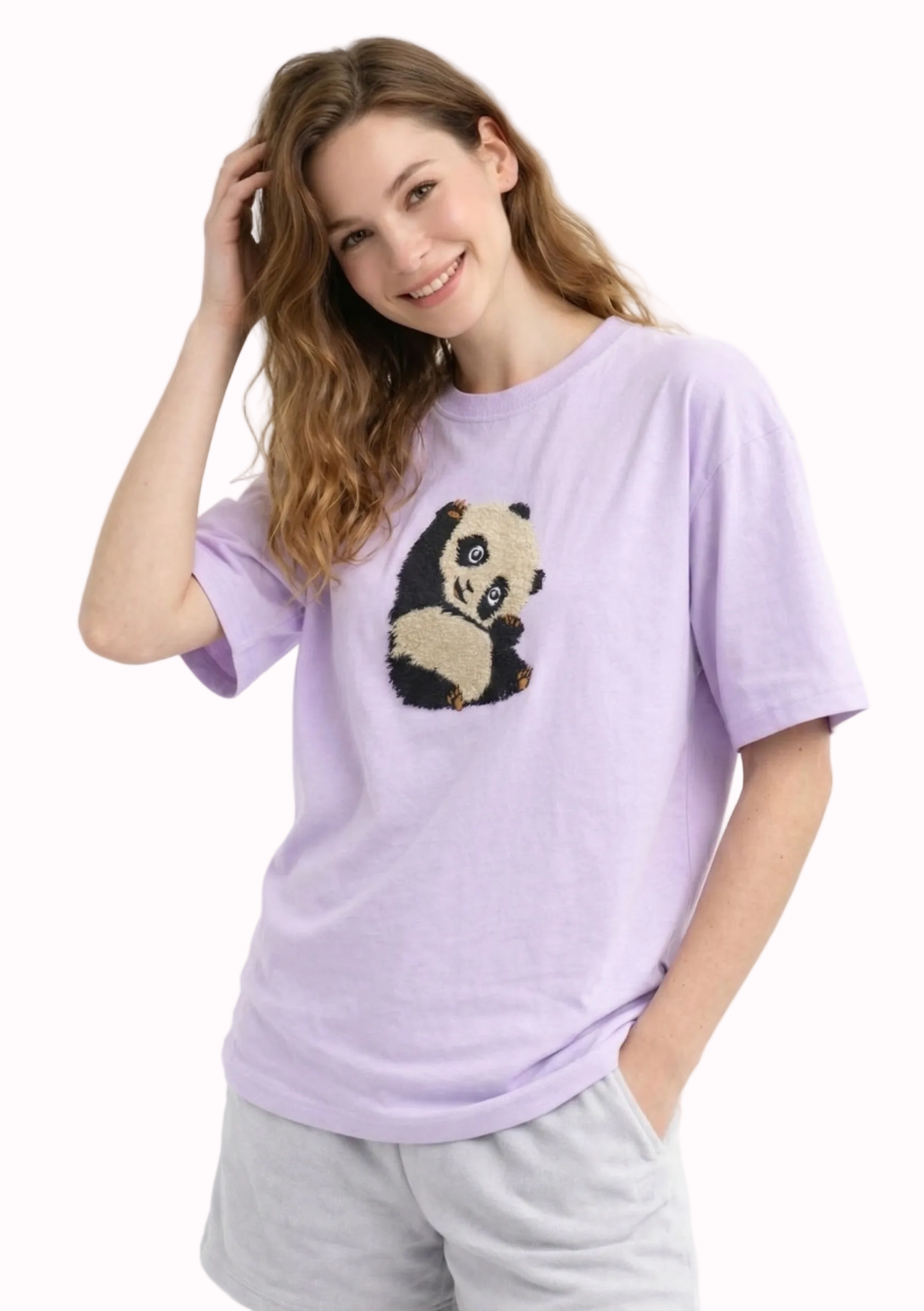 "Anetoonz light purple oversized streetwear T-shirt for women featuring custom panda embroidery and half sleeves."