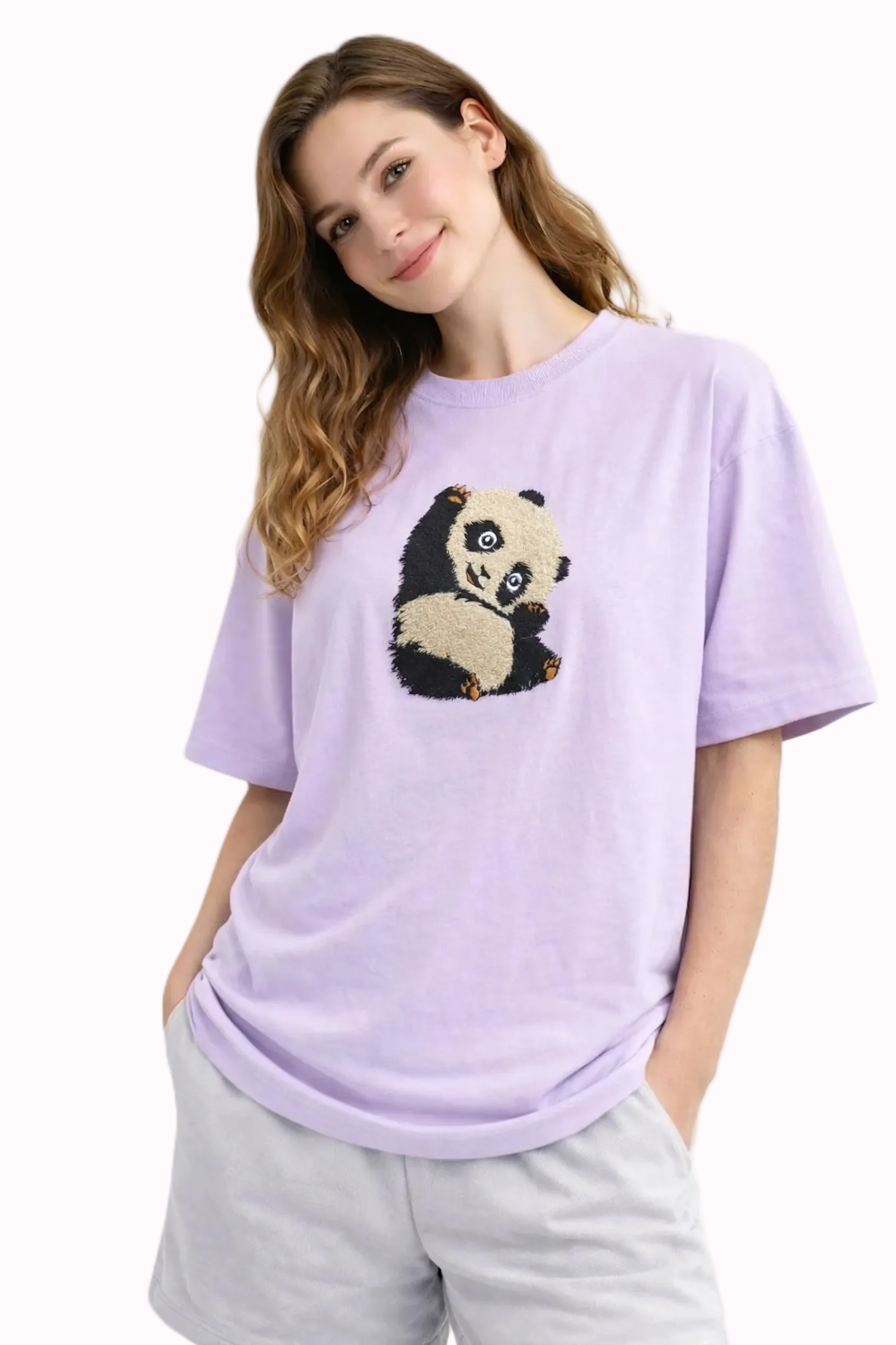 "Anetoonz light purple oversized streetwear T-shirt for women featuring custom panda embroidery and half sleeves."