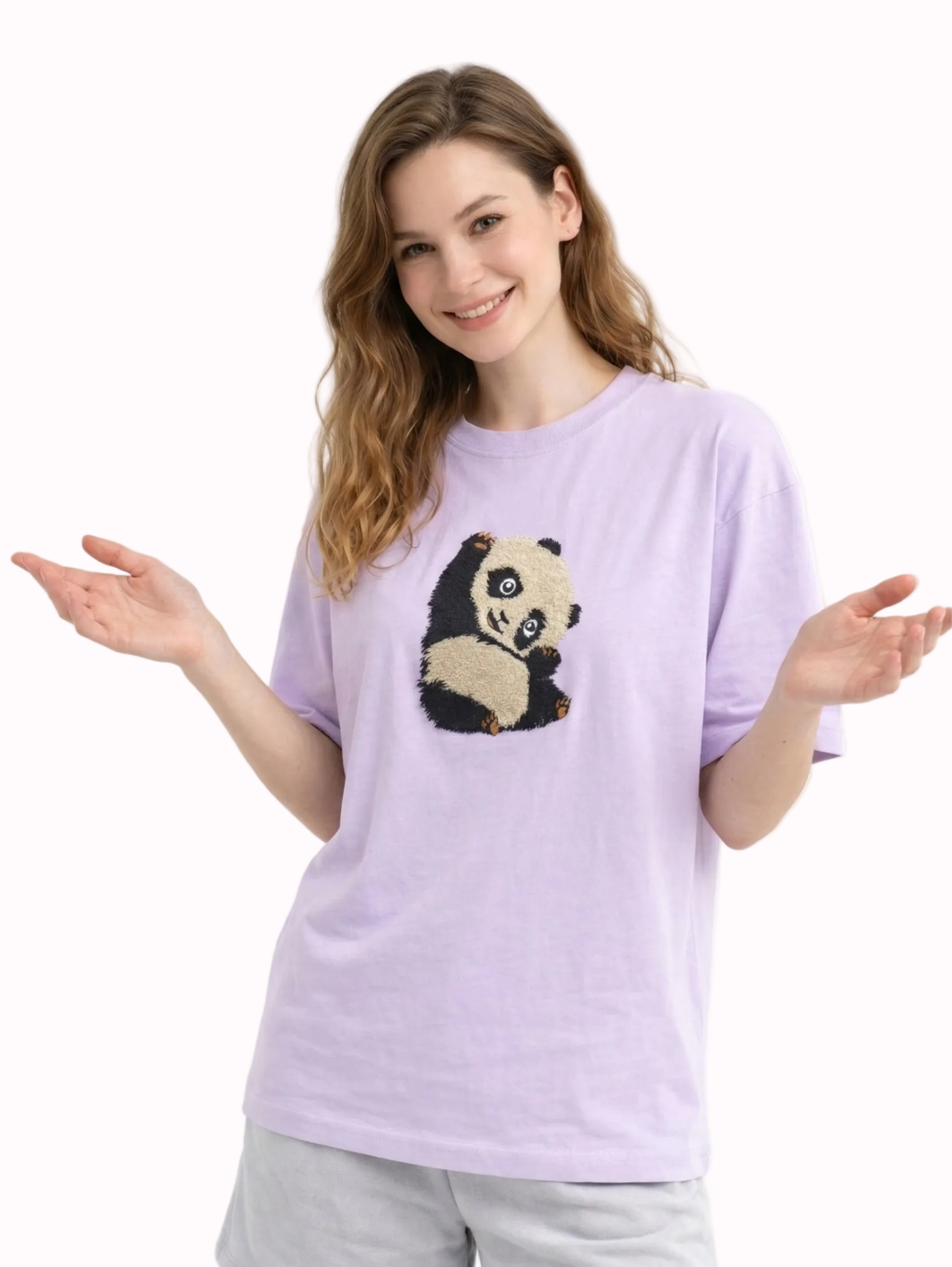 "Anetoonz light purple oversized streetwear T-shirt for women featuring custom panda embroidery and half sleeves."
