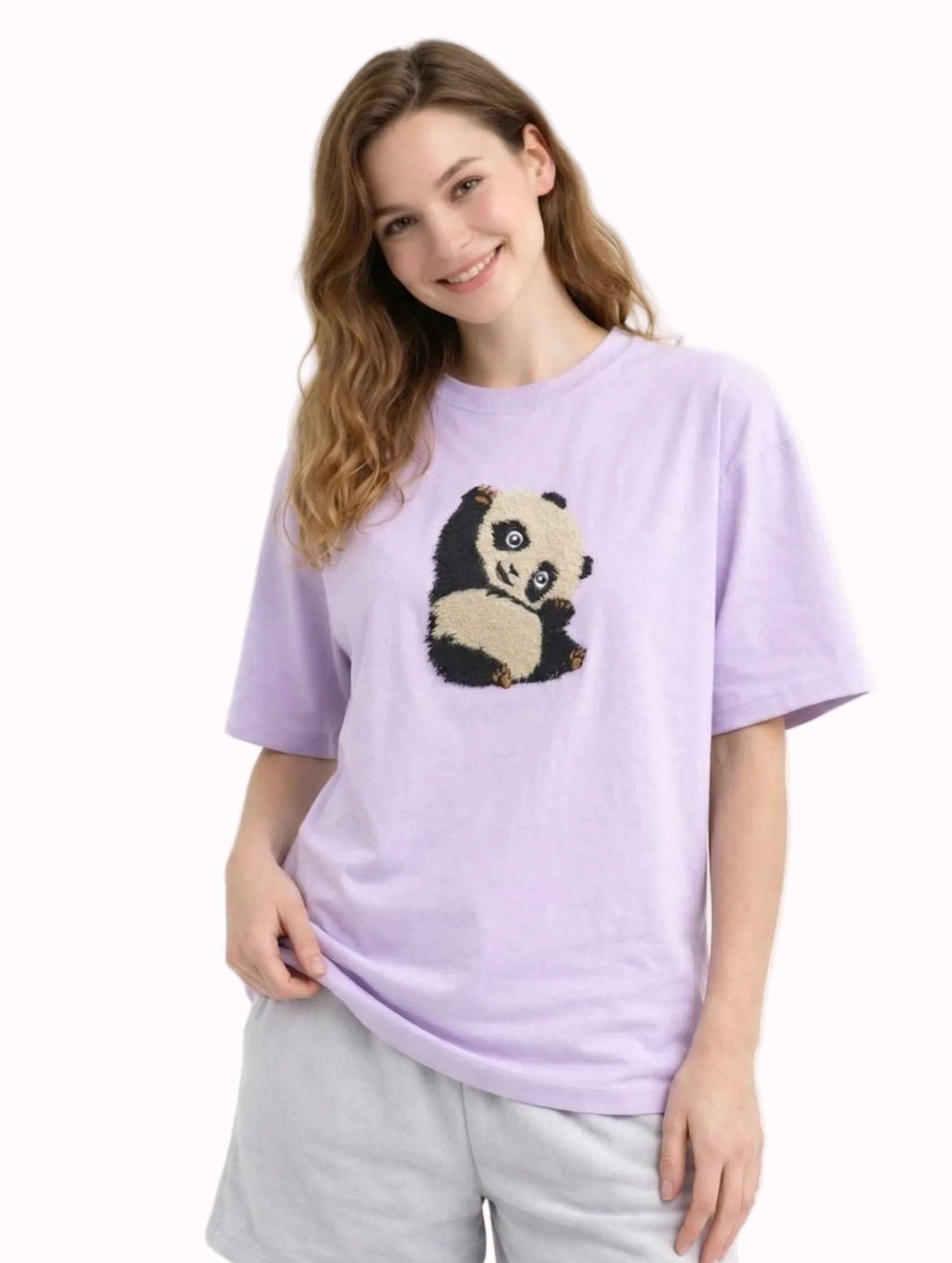 "Anetoonz light purple oversized streetwear T-shirt for women featuring custom panda embroidery and half sleeves."