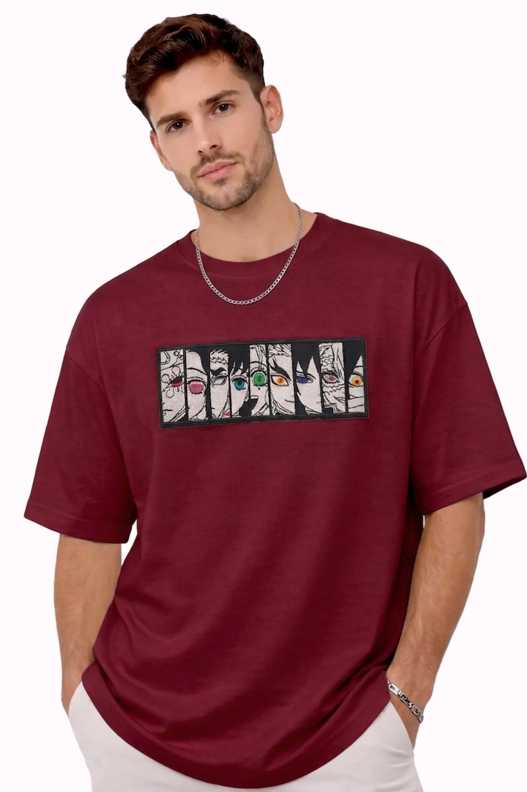 "Anetoonz premium maroon oversized streetwear T-shirt for men with half sleeves and custom anime-themed embroidery."