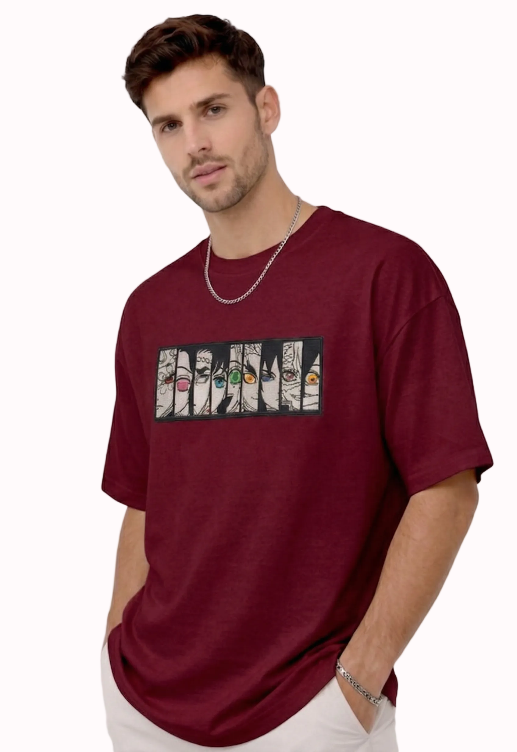 "Anetoonz premium maroon oversized streetwear T-shirt for men with half sleeves and custom anime-themed embroidery."