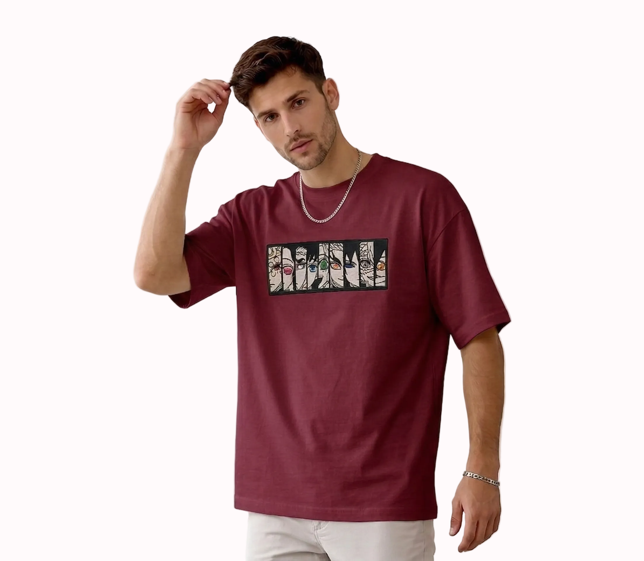 "Anetoonz premium maroon oversized streetwear T-shirt for men with half sleeves and custom anime-themed embroidery."