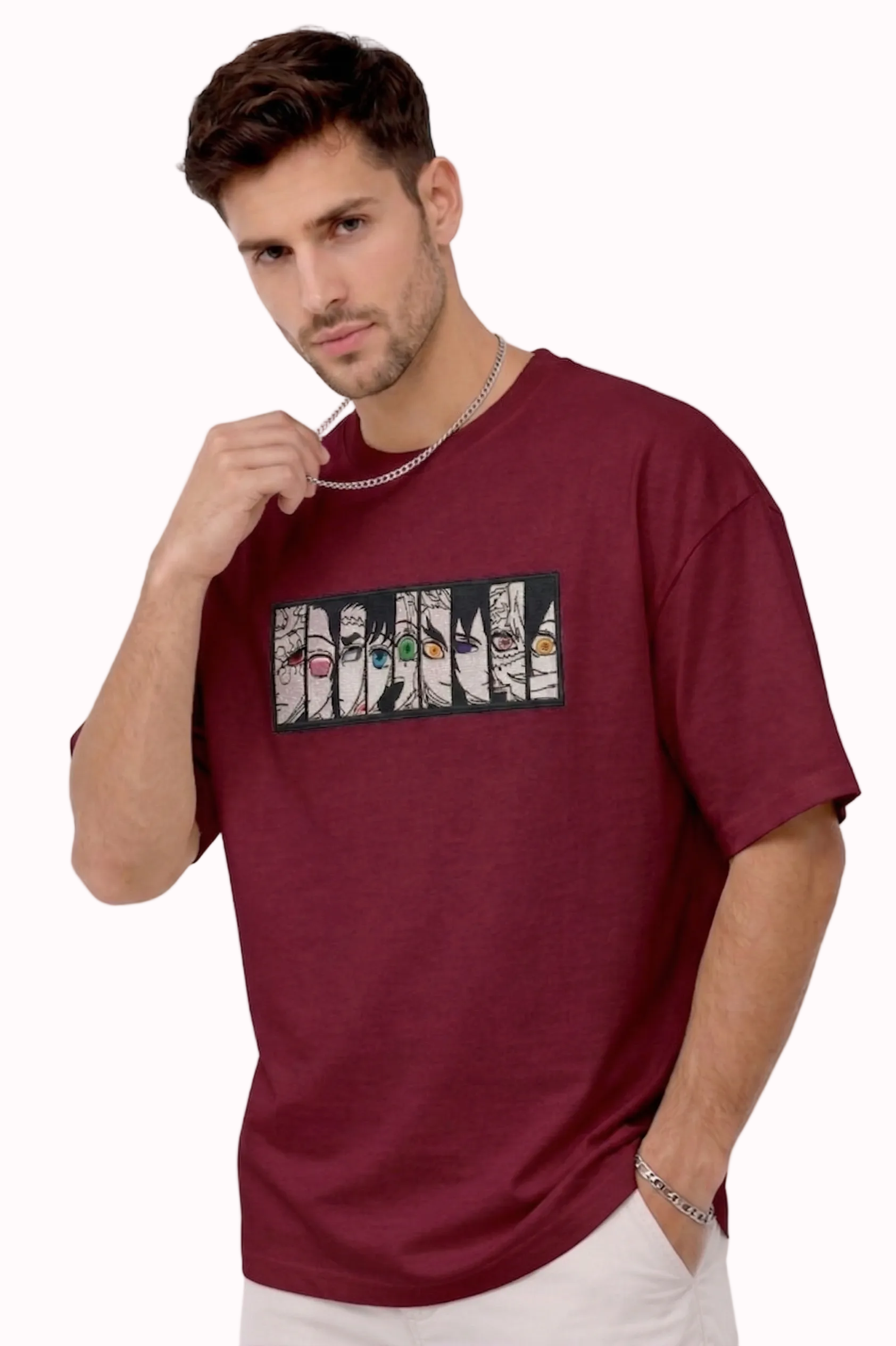 "Anetoonz premium maroon oversized streetwear T-shirt for men with half sleeves and custom anime-themed embroidery."