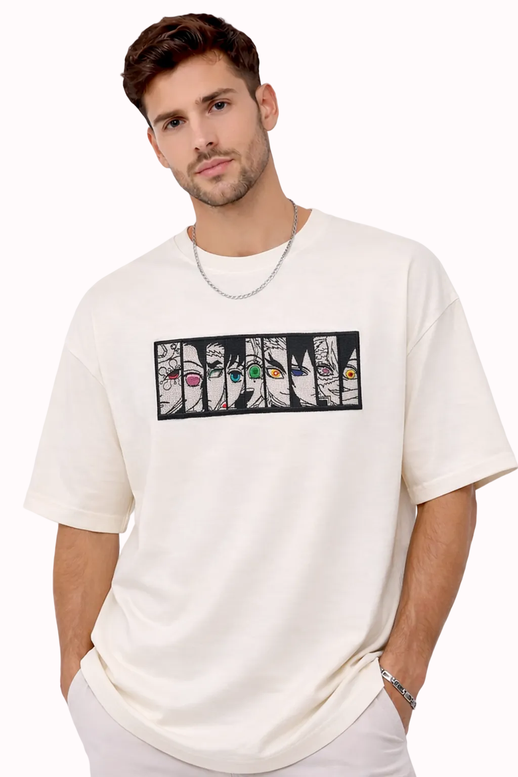 "Anetoonz premium off-white oversized streetwear T-shirt for men with half sleeves and custom anime-themed embroidery."