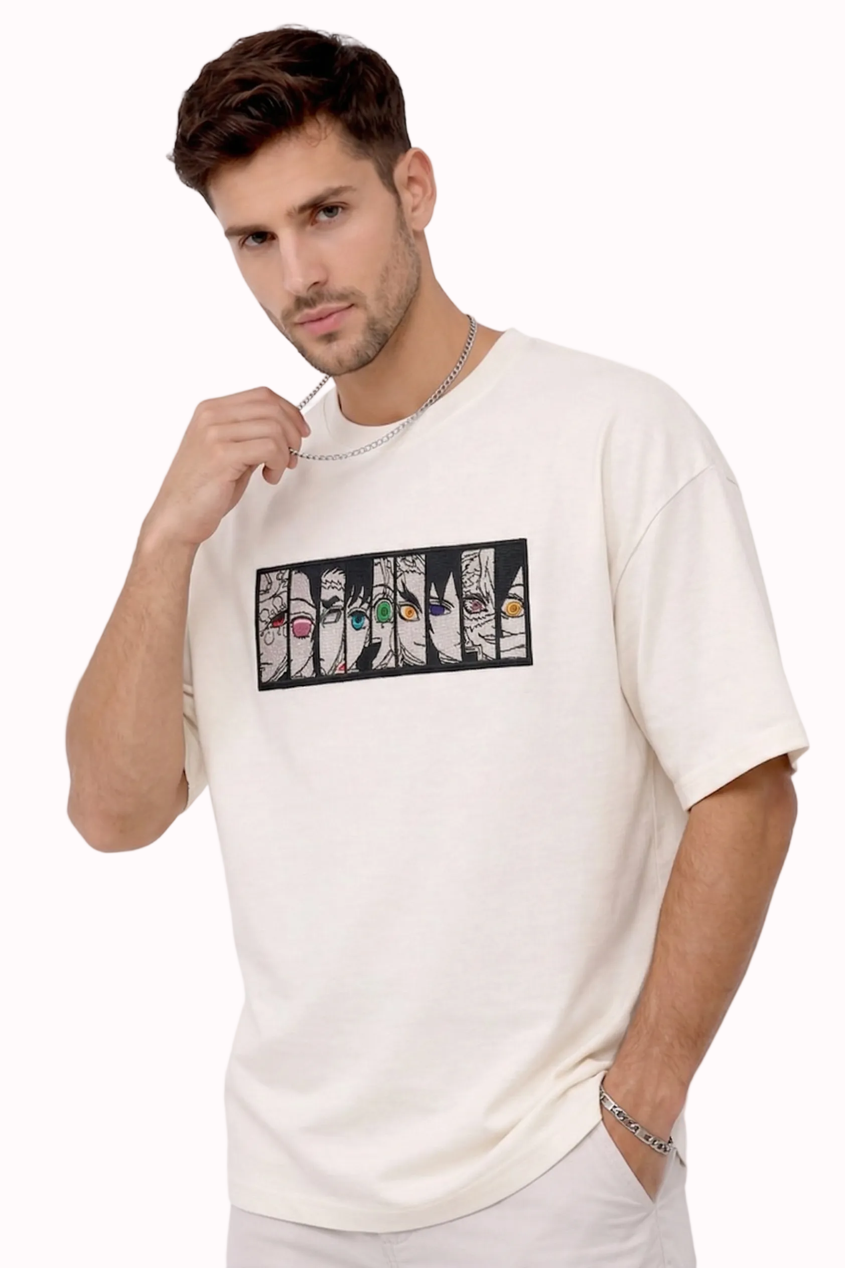 "Anetoonz premium off-white oversized streetwear T-shirt for men with half sleeves and custom anime-themed embroidery."
