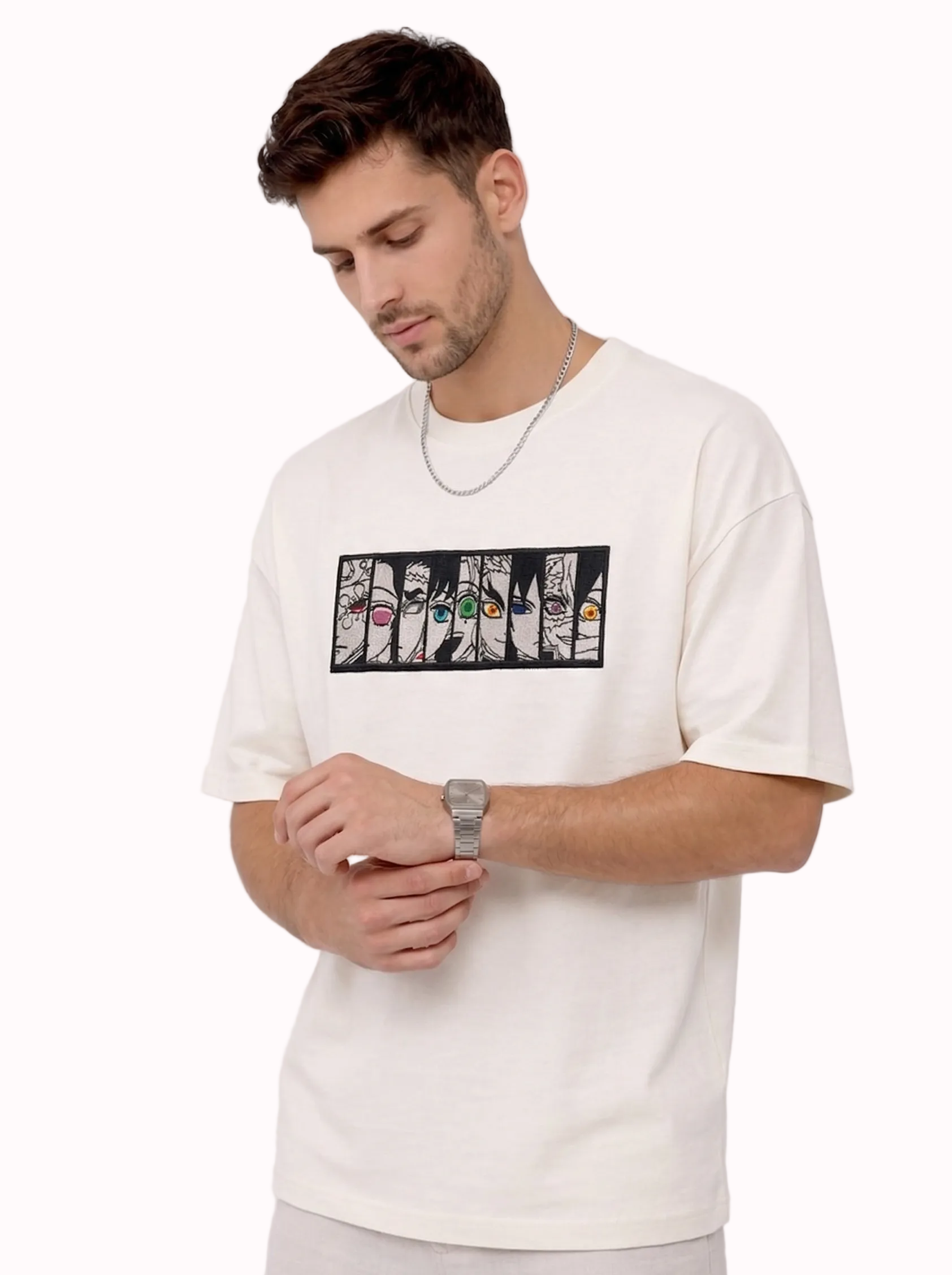 "Anetoonz premium off-white oversized streetwear T-shirt for men with half sleeves and custom anime-themed embroidery."
