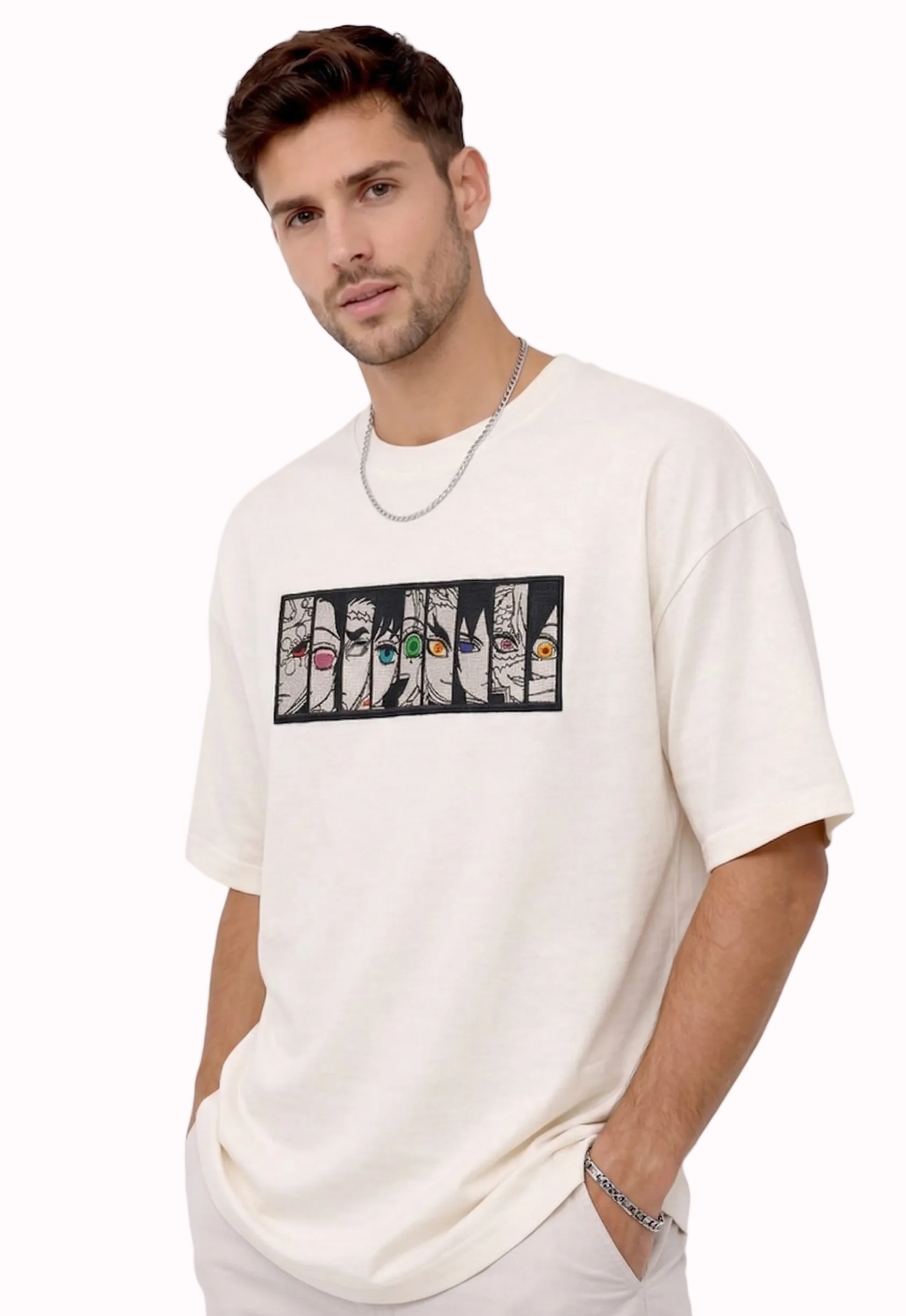 "Anetoonz premium off-white oversized streetwear T-shirt for men with half sleeves and custom anime-themed embroidery."