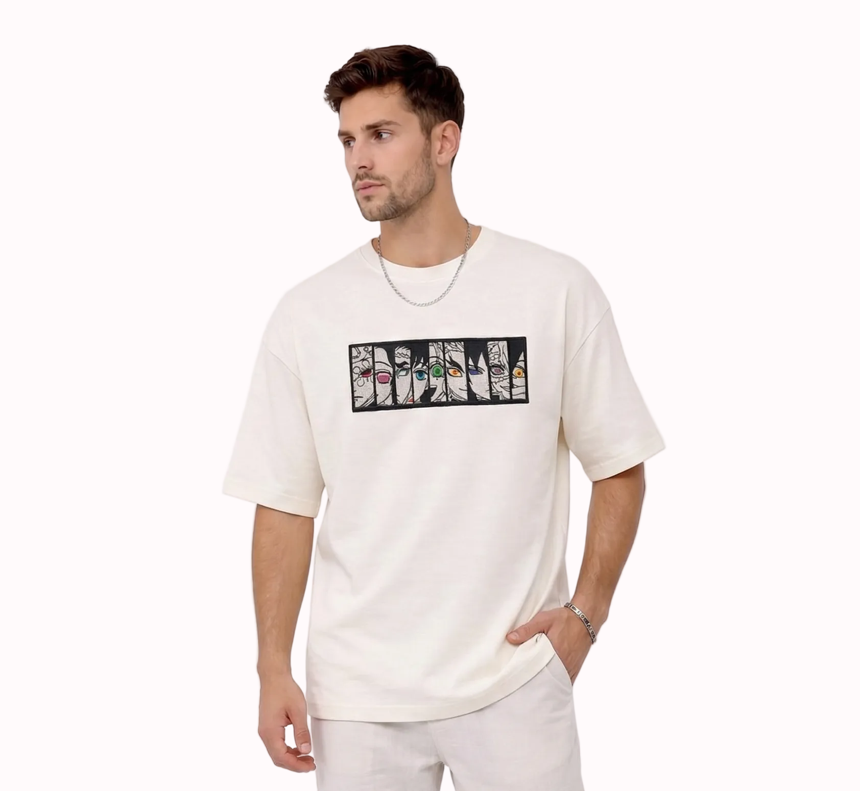 "Anetoonz premium off-white oversized streetwear T-shirt for men with half sleeves and custom anime-themed embroidery."