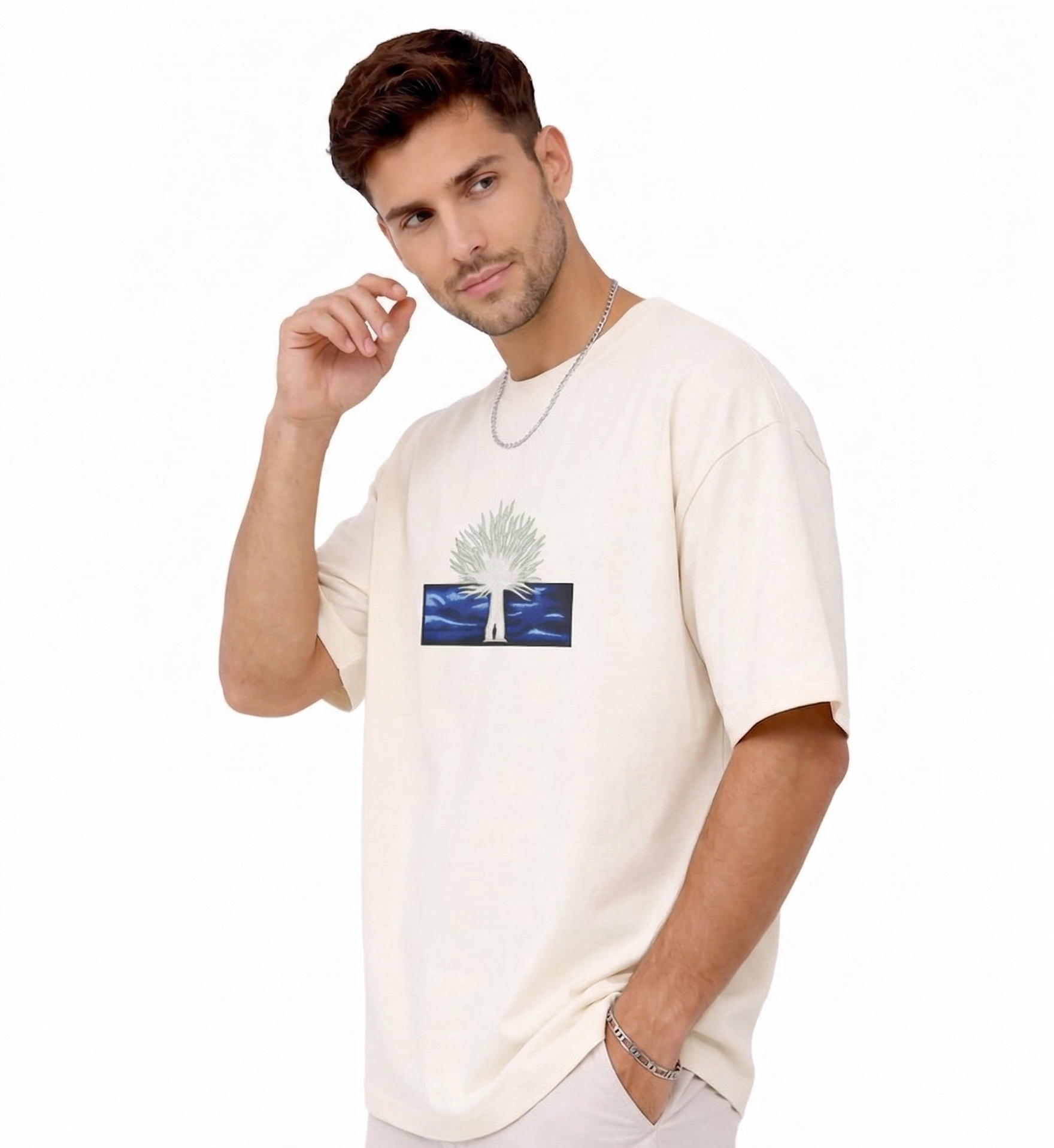 "Anetoonz premium off-white oversized streetwear T-shirt for men with half sleeves and a custom anime-inspired embroidery design."