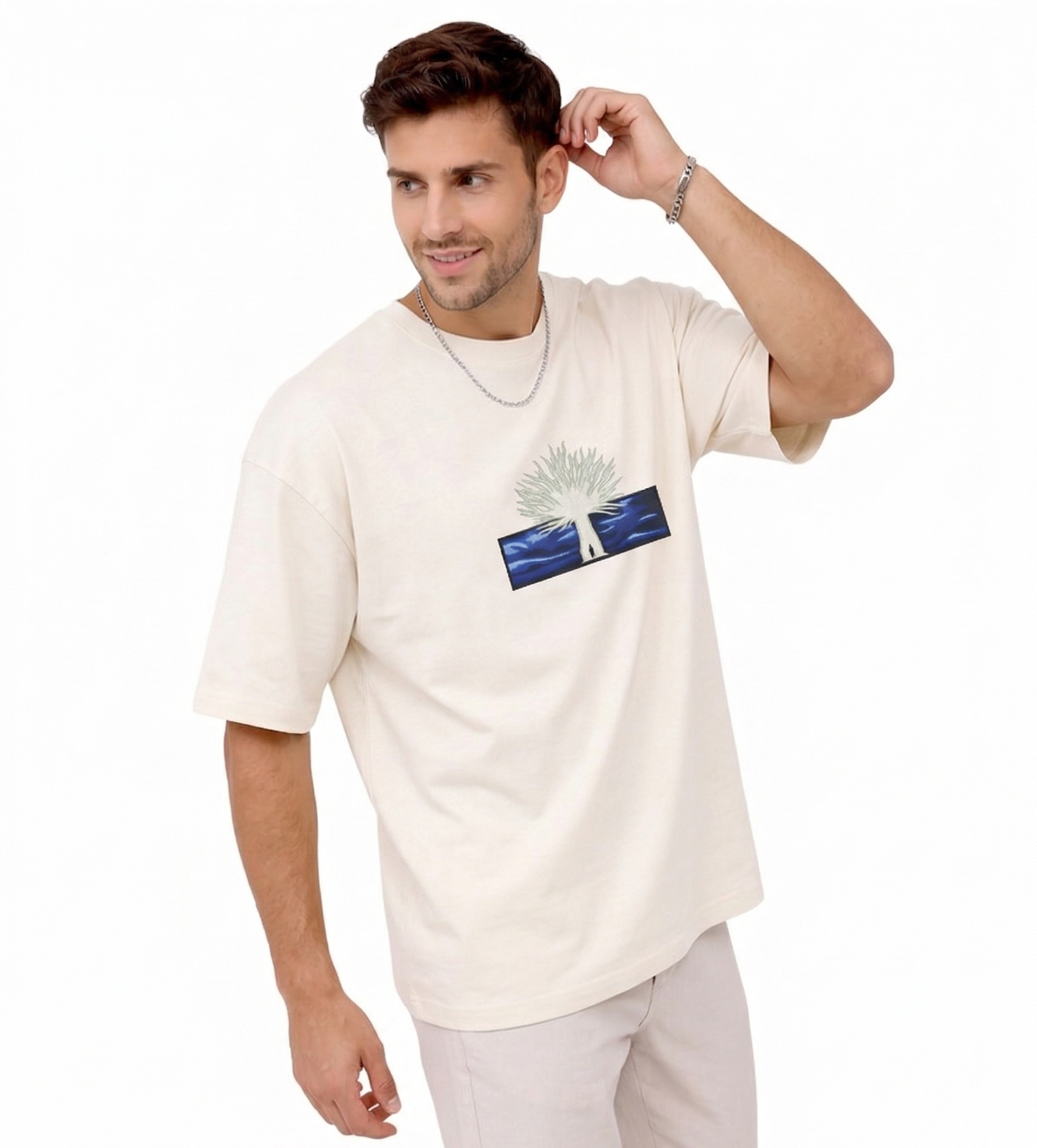 "Anetoonz premium off-white oversized streetwear T-shirt for men with half sleeves and a custom anime-inspired embroidery design."