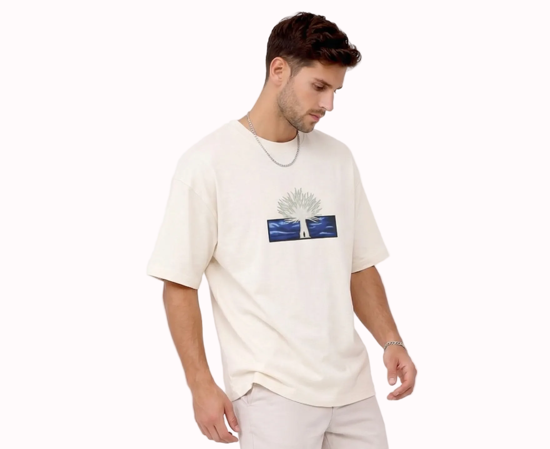 "Anetoonz premium off-white oversized streetwear T-shirt for men with half sleeves and a custom anime-inspired embroidery design."