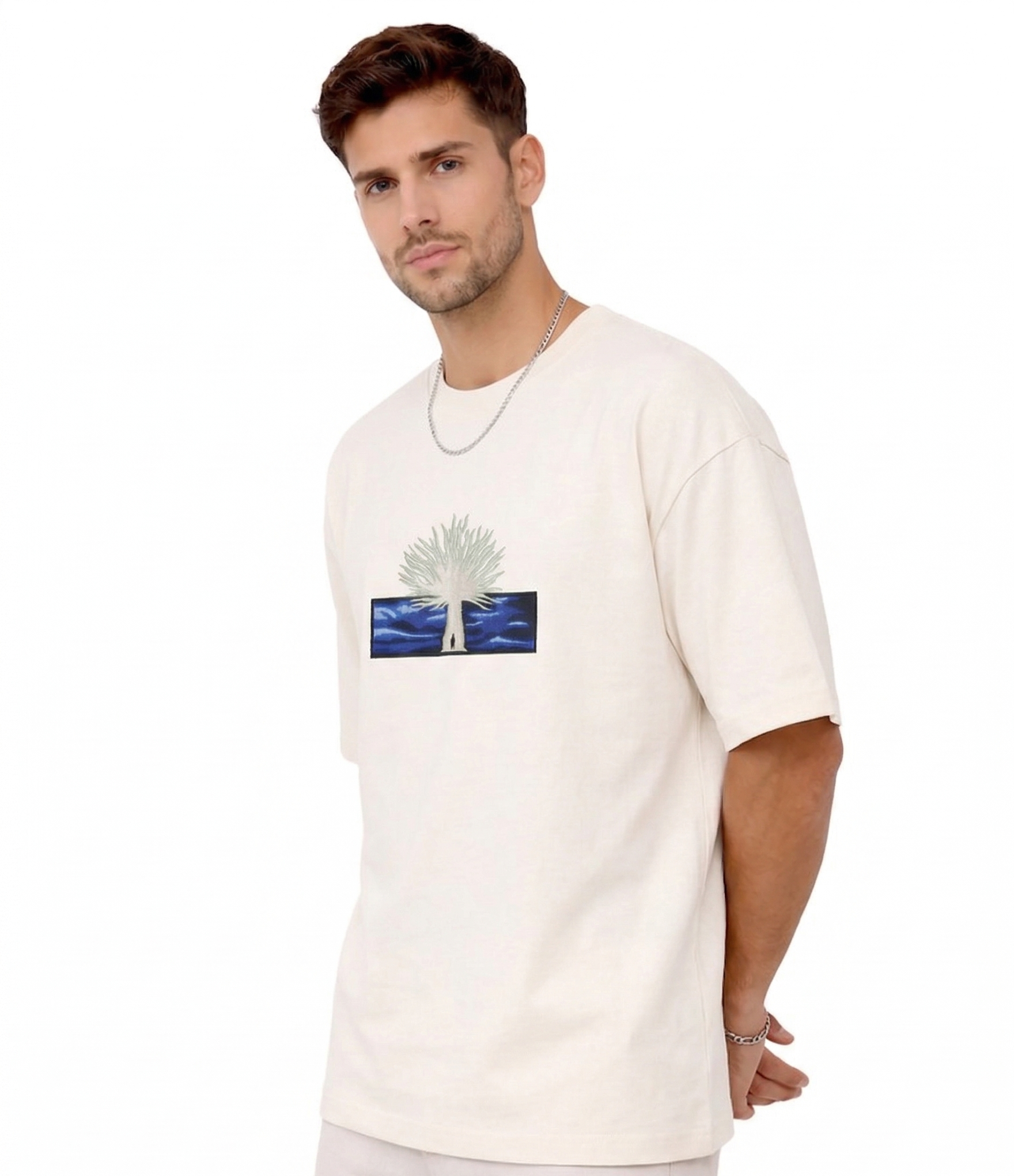 "Anetoonz premium off-white oversized streetwear T-shirt for men with half sleeves and a custom anime-inspired embroidery design."