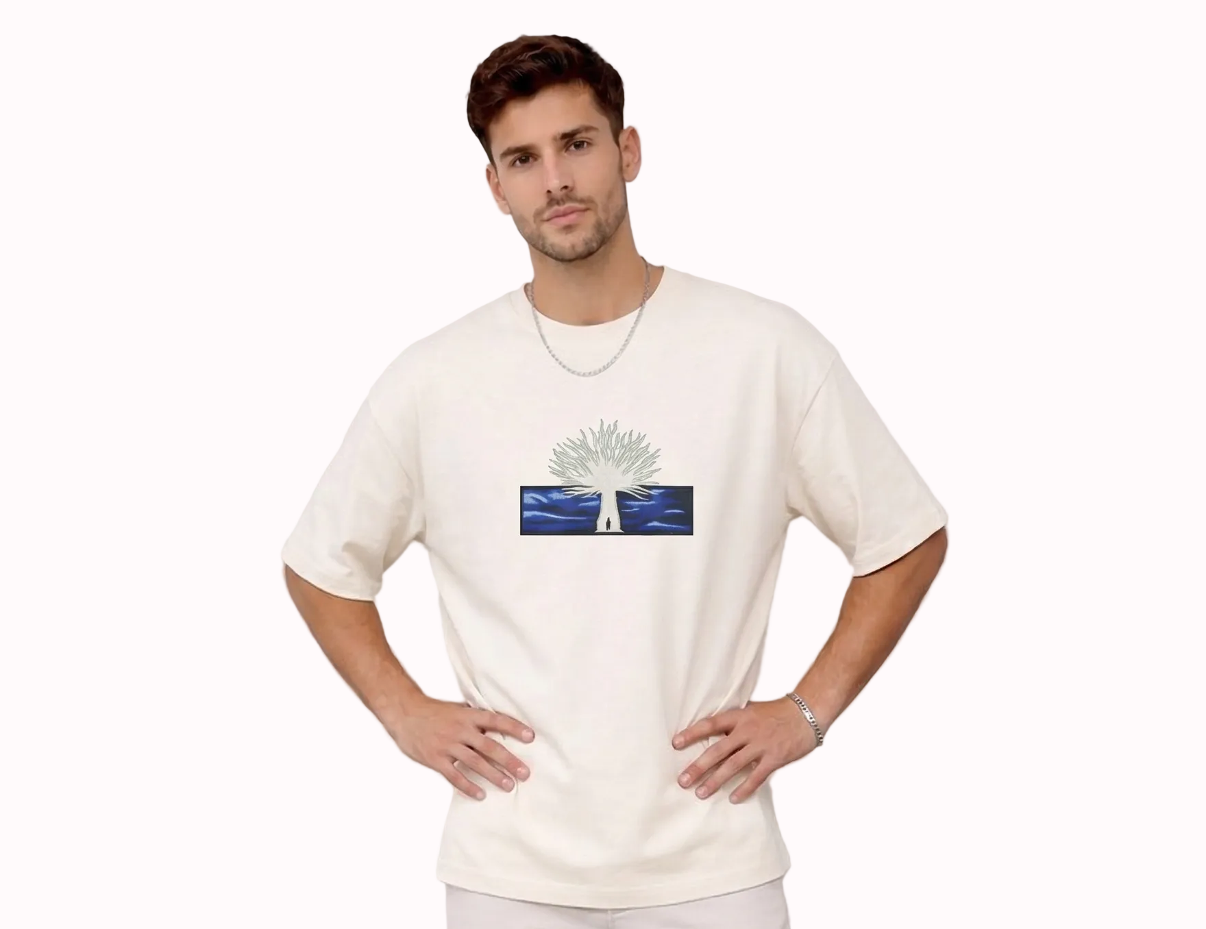 "Anetoonz premium off-white oversized streetwear T-shirt for men with half sleeves and a custom anime-inspired embroidery design."