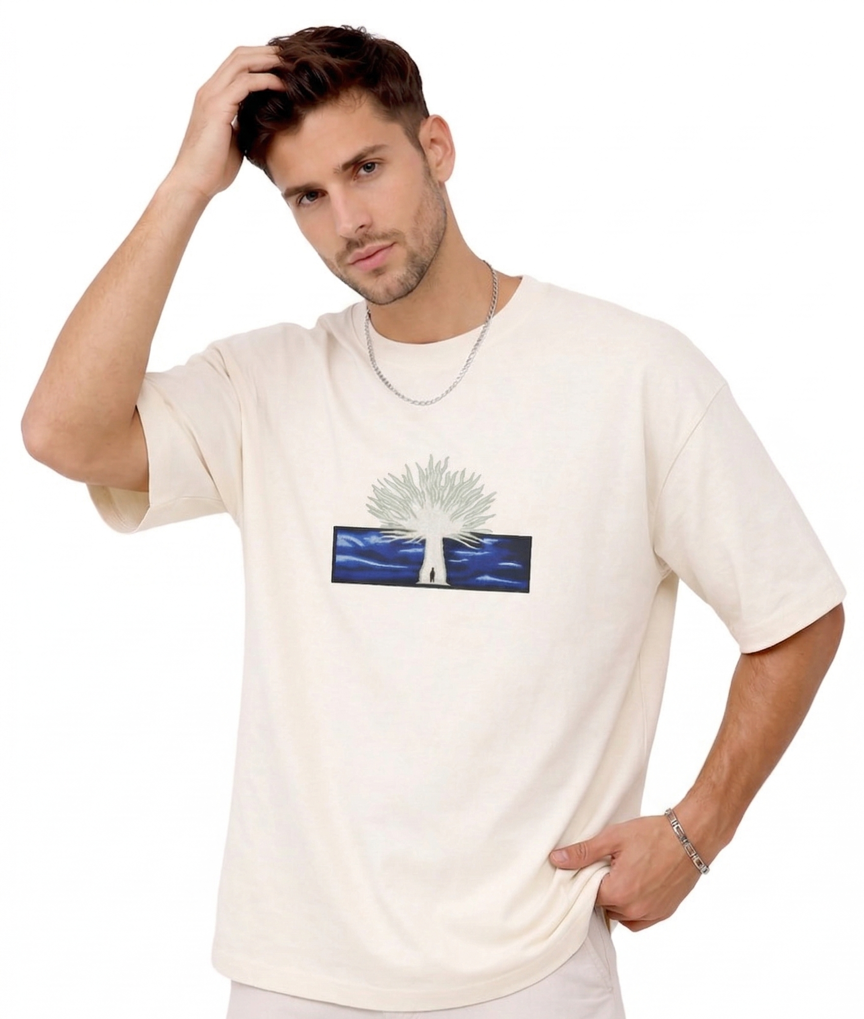 "Anetoonz premium off-white oversized streetwear T-shirt for men with half sleeves and a custom anime-inspired embroidery design."