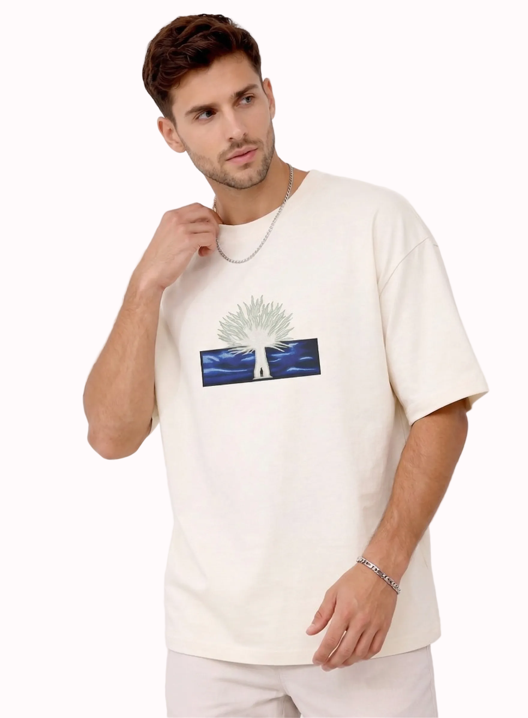 "Anetoonz premium off-white oversized streetwear T-shirt for men with half sleeves and a custom anime-inspired embroidery design."