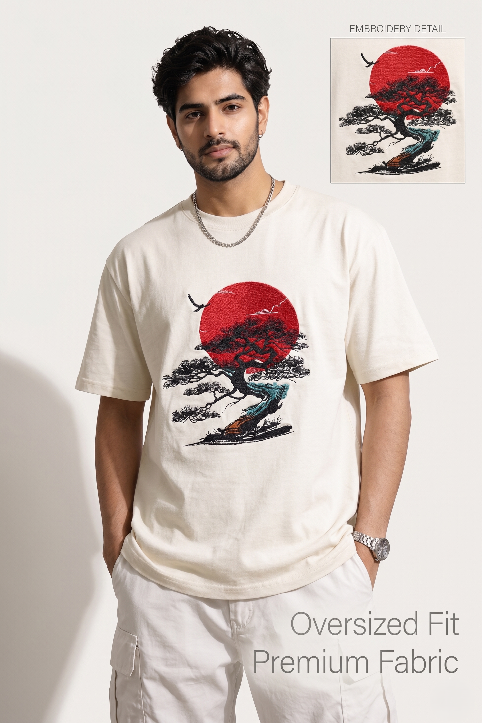 "Anetoonz premium off-white oversized T-shirt for men with half sleeves and a custom  bonsai tree embroidery design."