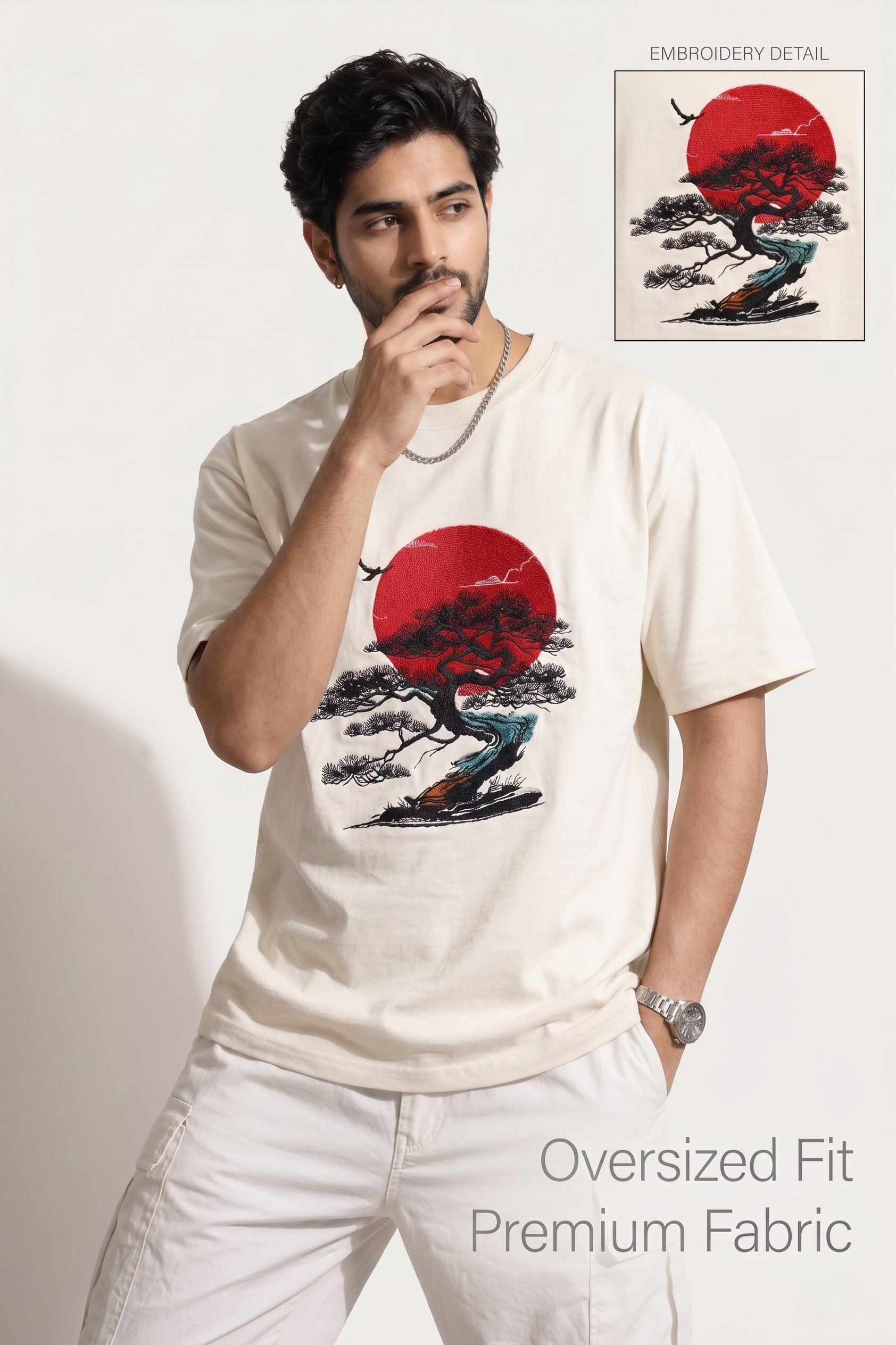 
"Anetoonz premium off-white oversized T-shirt for men with half sleeves and a custom  bonsai tree embroidery design."