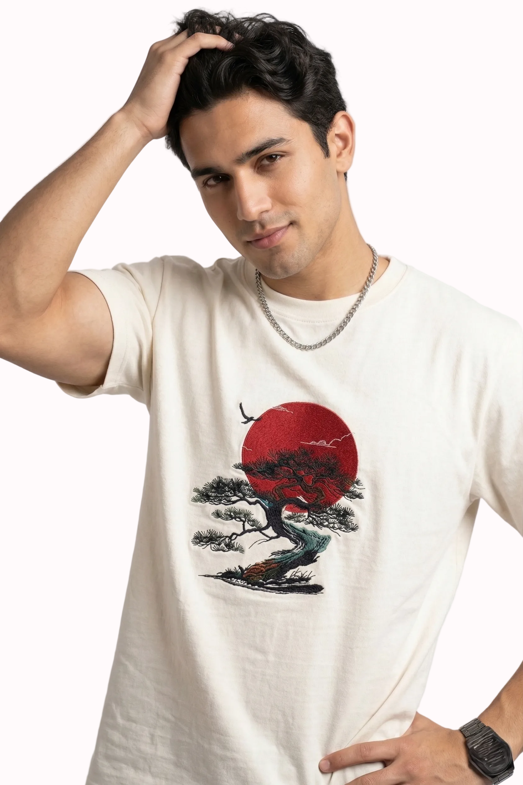 
"Anetoonz premium off-white oversized T-shirt for men with half sleeves and a custom  bonsai tree embroidery design."