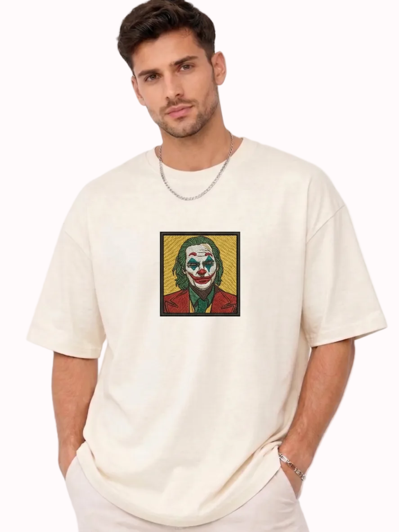 "Anetoonz premium off-white oversized streetwear T-shirt for men with half sleeves and a custom character embroidery design."