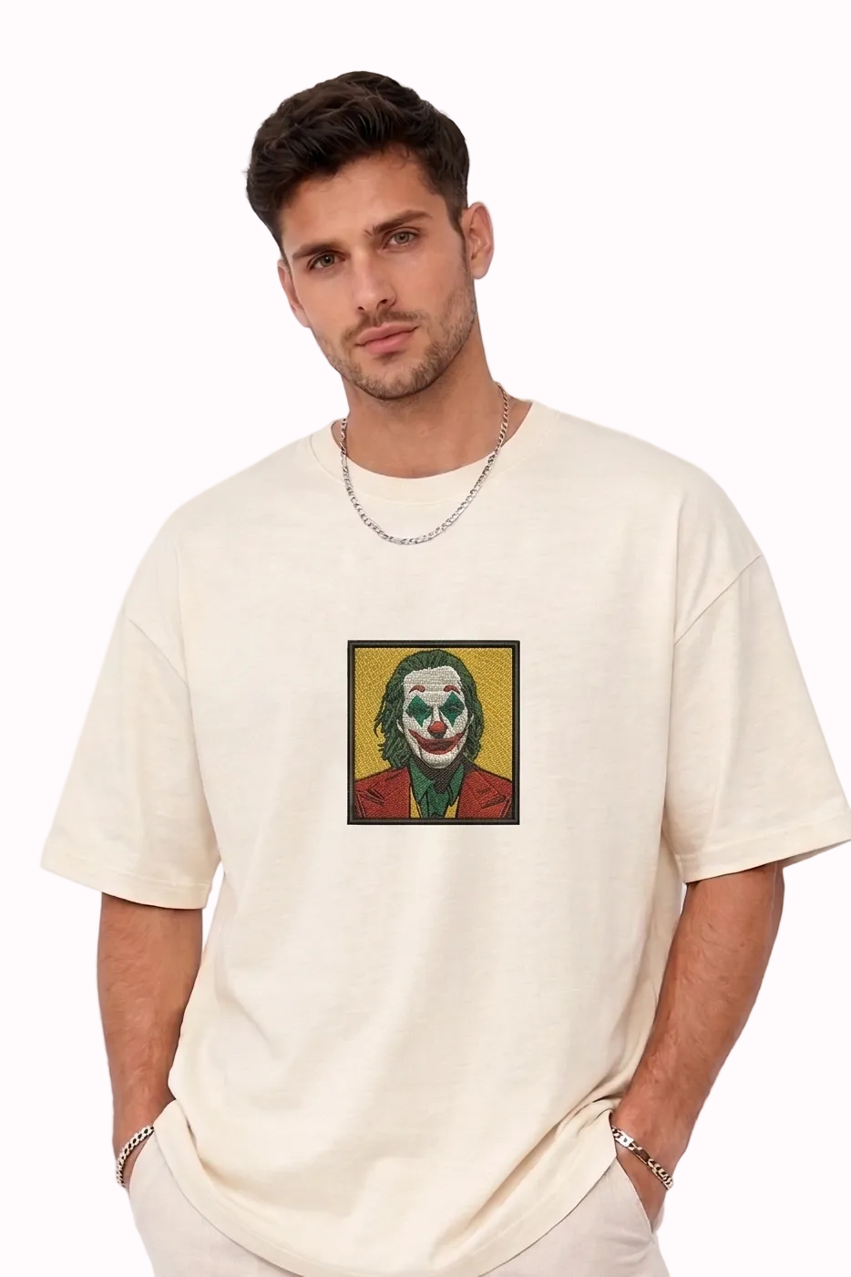 "Anetoonz premium off-white oversized streetwear T-shirt for men with half sleeves and a custom character embroidery design."